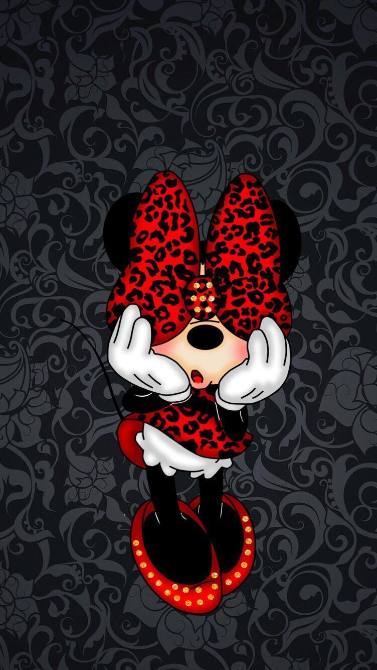 Minnie Maus, Rote Schleife, Polka Dots, Dunkelgrau, Hintergrundbild für iPhone und Android