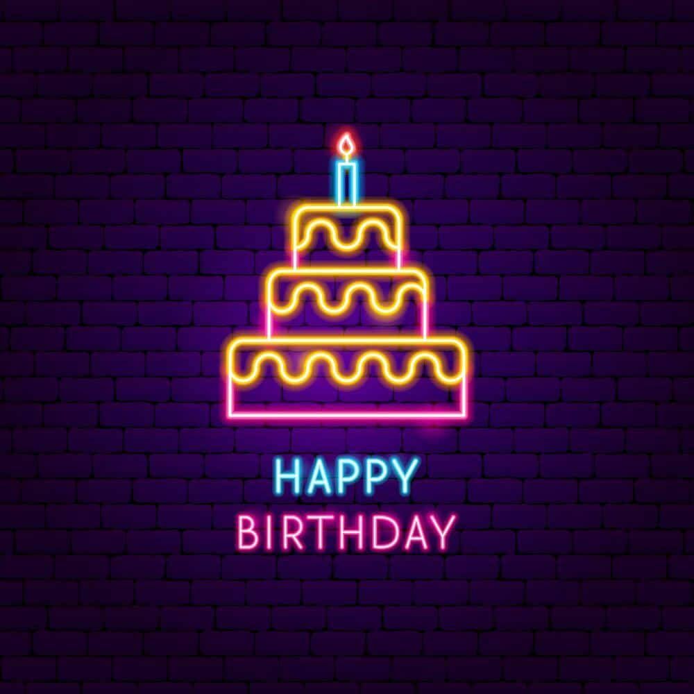 Happy Birthday, Torte, Neonschild, Backsteinwand, Lila, Hintergrundbild für iPad und Tablet