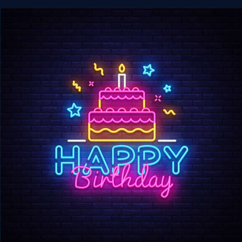 Happy Birthday, Neonschild, Torte, Sterne, Dunkelblau, Hintergrundbild für iPad und Tablet