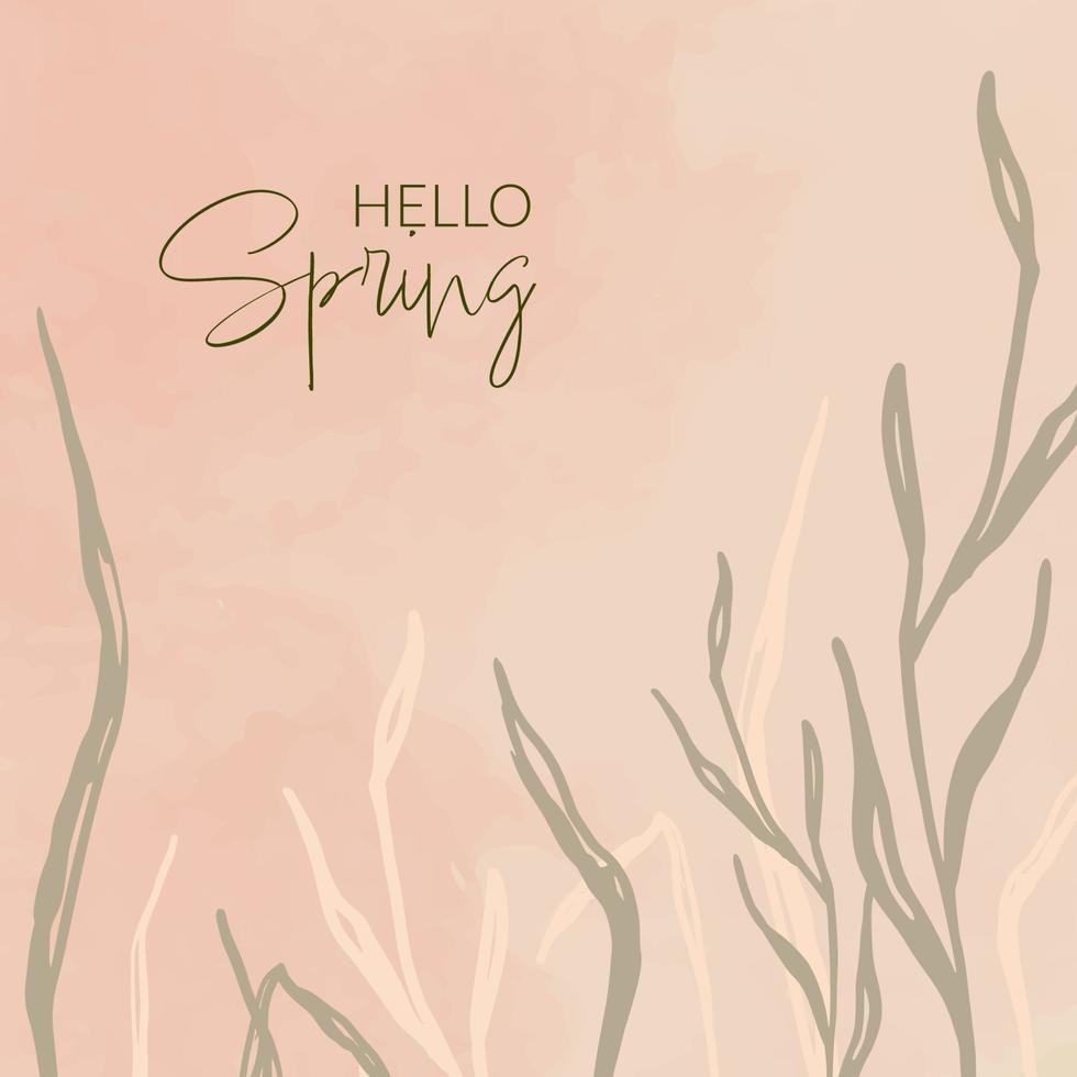 Hello Spring, Gräser, Pfirsich, Schriftzug, Boho, Hintergrundbild für iPad und Tablet