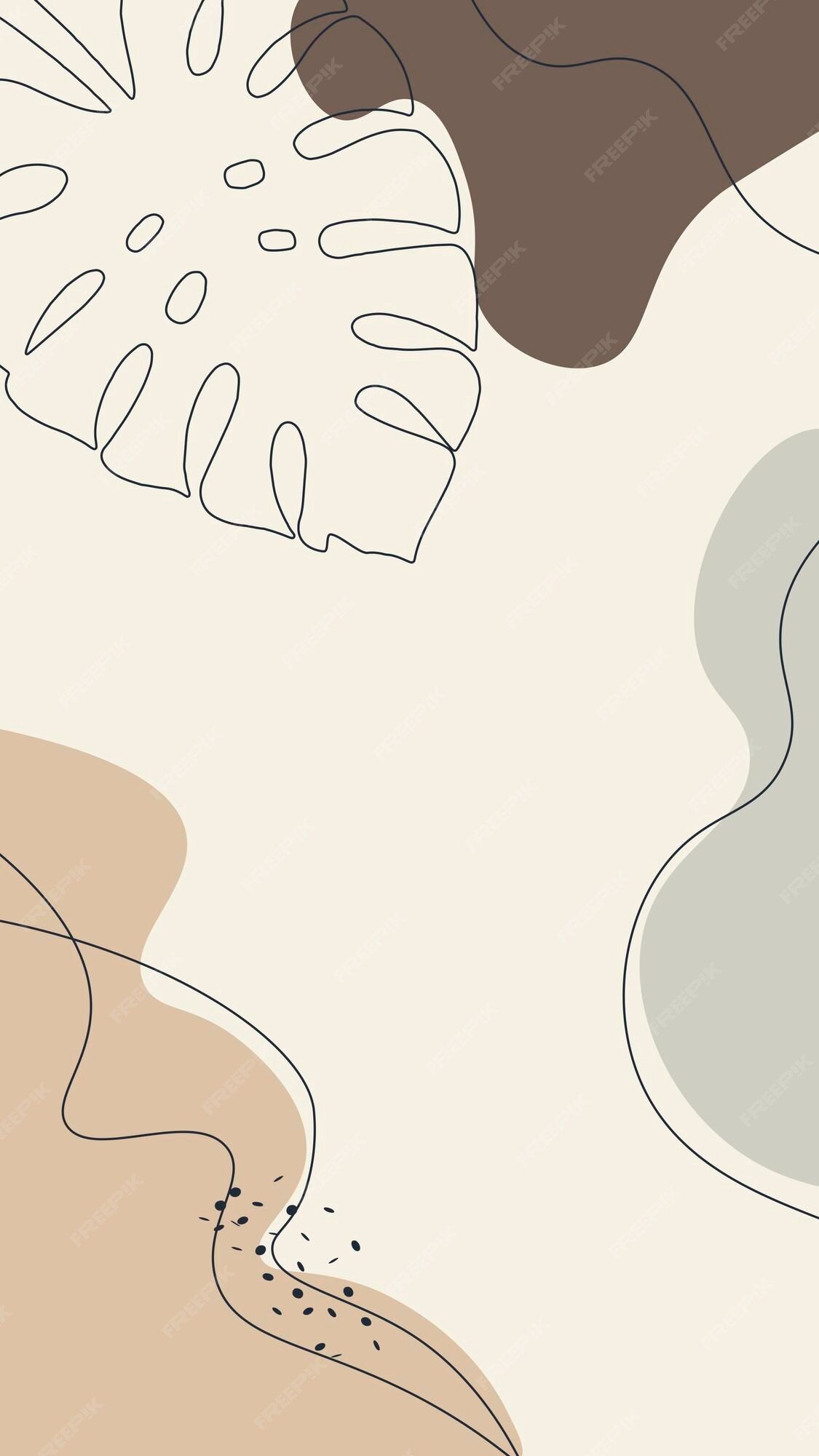 Boho, Monstera-Blatt, Organische Formen, Beige, Linienkunst, Full HD, Handy-Hintergrund