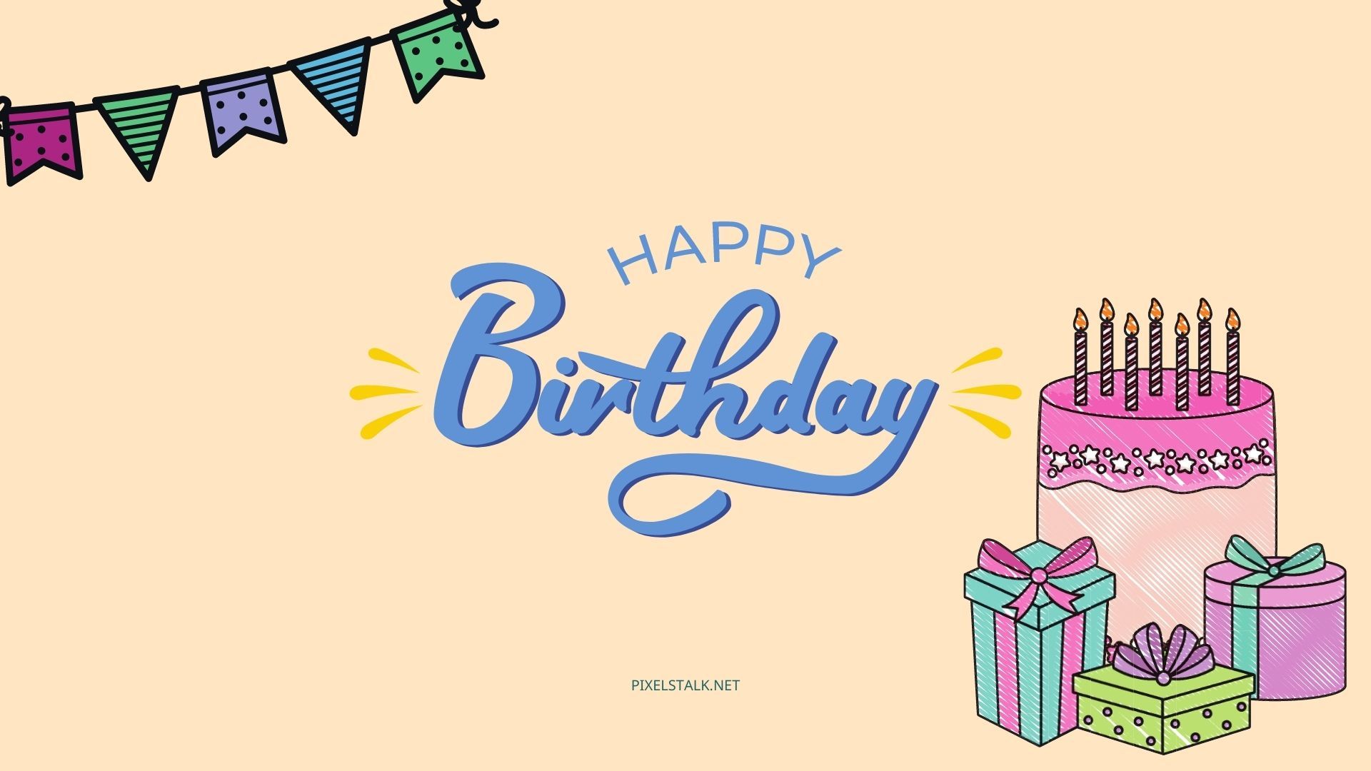 Happy Birthday, Geburtstagstorte, Geschenke, Wimpelkette, Blaue Schrift, Full HD, Desktop-Hintergrund