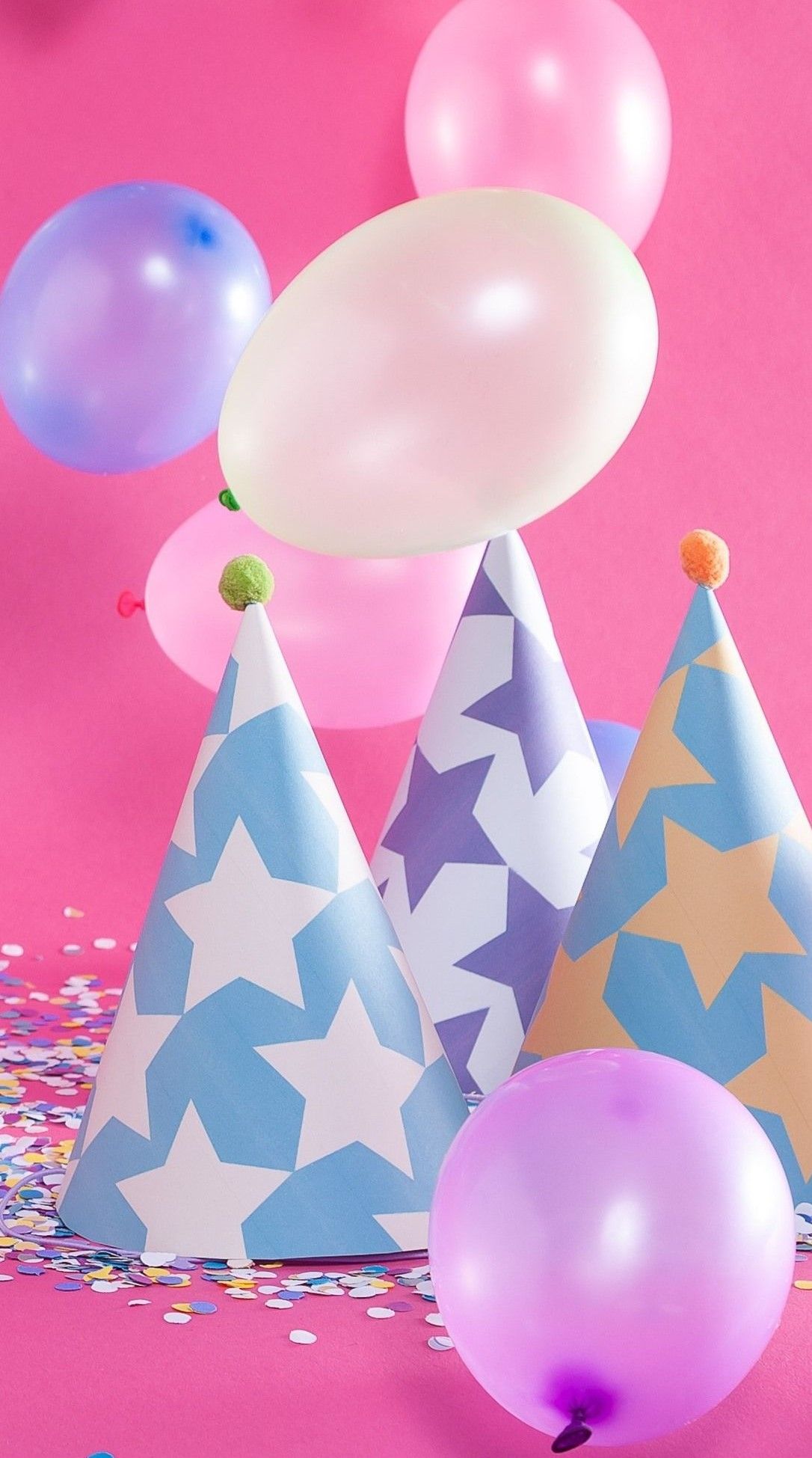 Partyhüte, Luftballons, Pink, Sterne, Feier, Full HD, Sperrbildschirm fürs iPhone