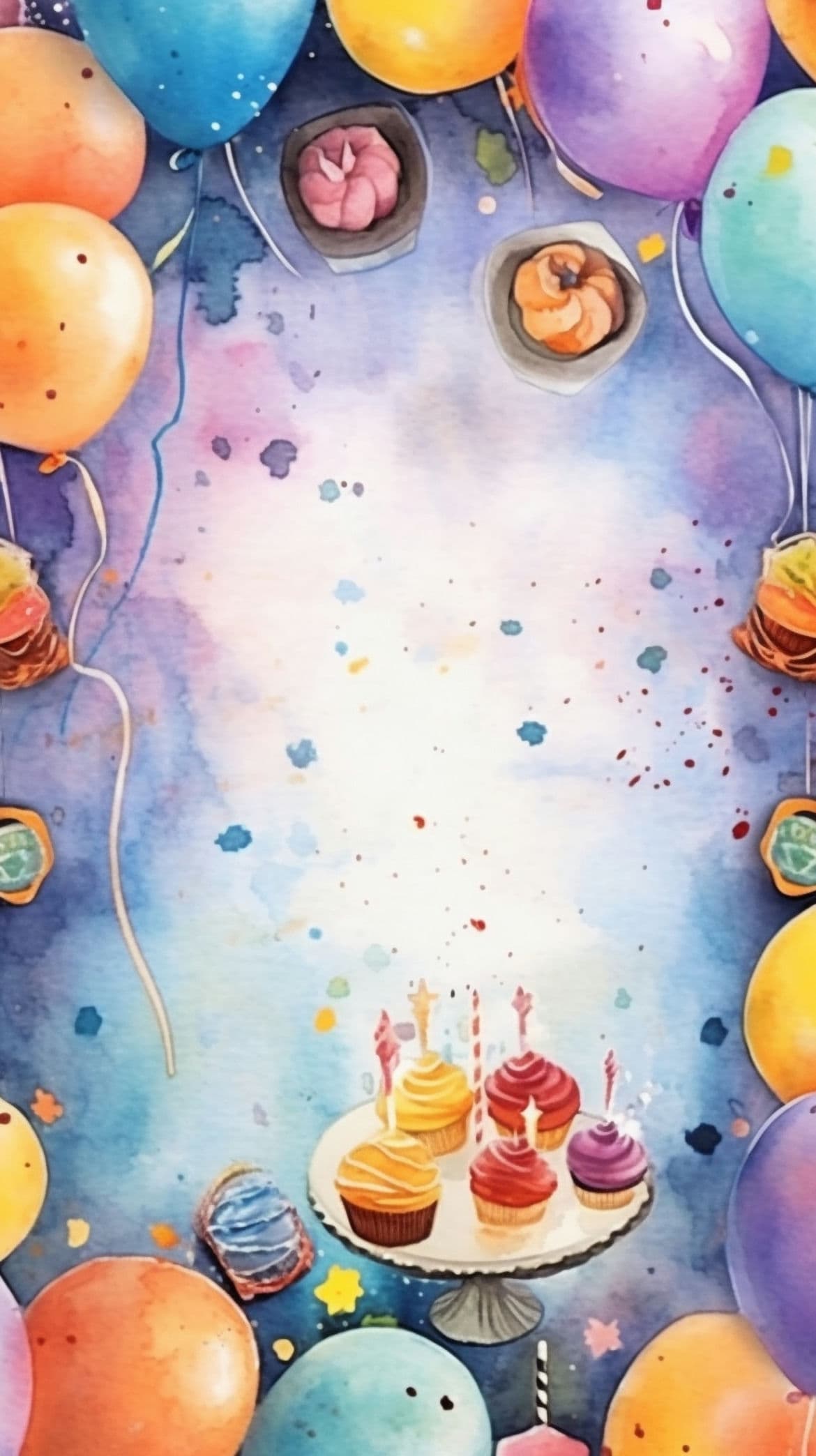 Luftballons, Cupcakes, Aquarell, Bunt, Konfetti, Full HD, Handy-Hintergrund im Hochformat