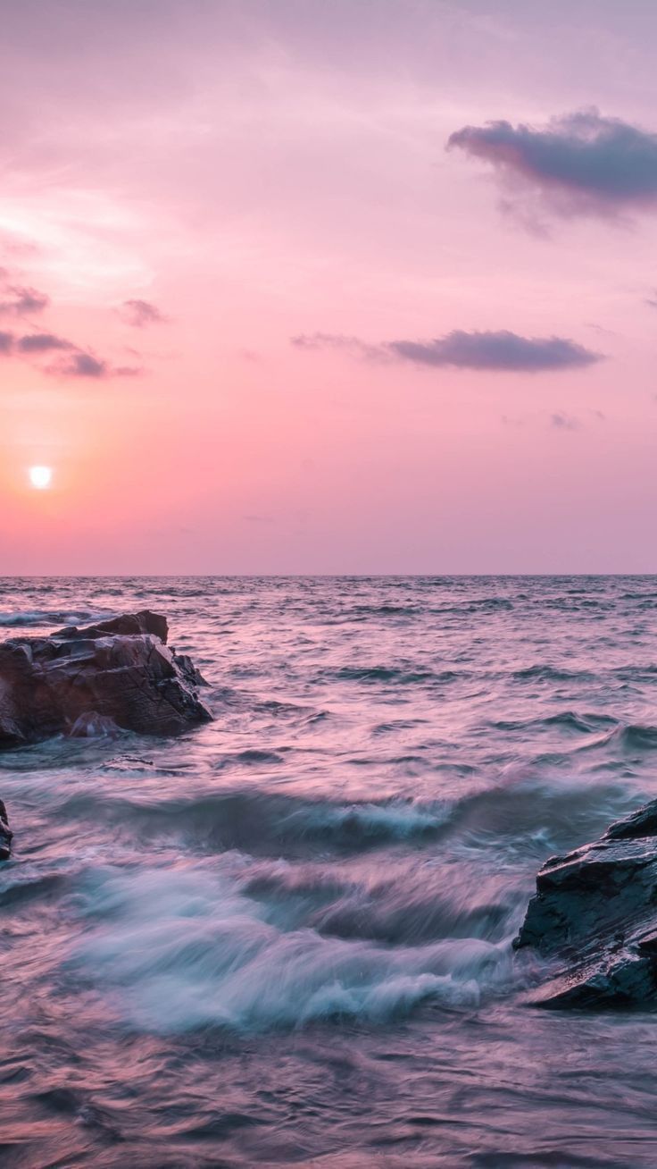 Sonnenuntergang, Felsen, Rosa Himmel, Langzeitbelichtung, HD, Handy-Hintergrundbild