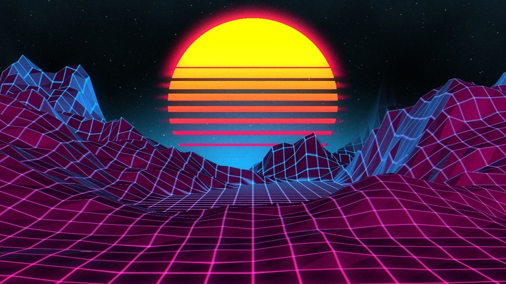 Synthwave, Retrowave, Sonne, Neongitter, 80er, 1920x1080, Full-HD-Hintergrundbild für PC
