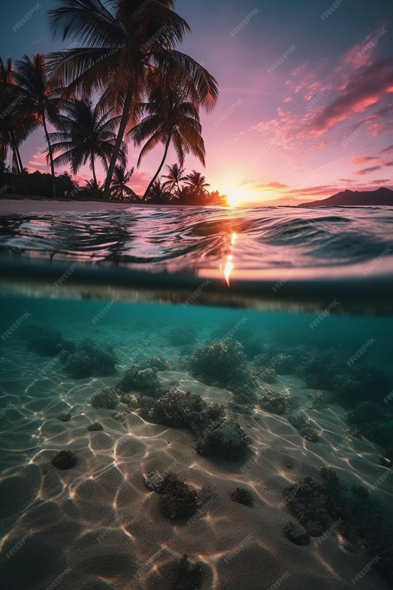 Palmen, Sonnenuntergang, Unterwasser, Halb unter Wasser, Android-Hintergrundbild
