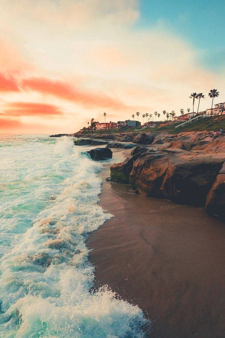 Klippen, Palmen, Brandung, Sonnenuntergang, Küste, HD, Hintergrundbild fürs Handy