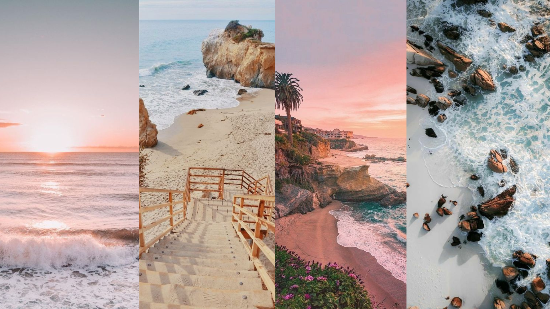 Collage, Sonnenuntergang, Strandtreppe, Klippen, Felsen, Full HD, PC-Hintergrundbild