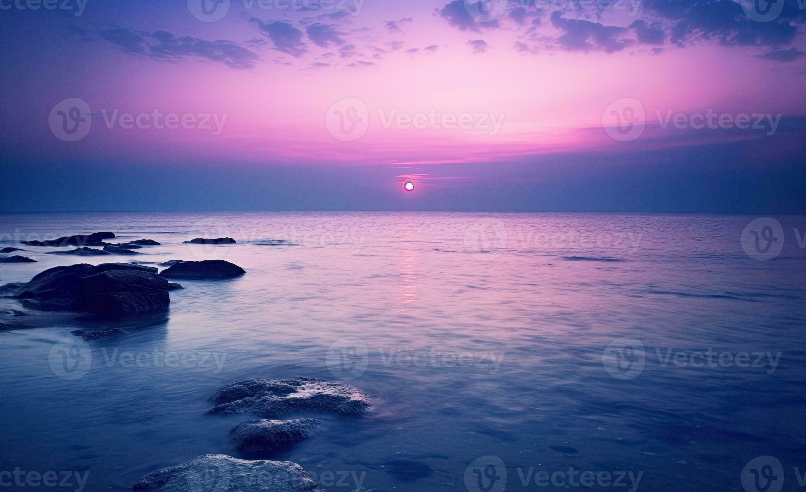 Sonnenuntergang, Lila Himmel, Felsen, Ruhiges Meer, 2K, Desktop-Hintergrund für Windows