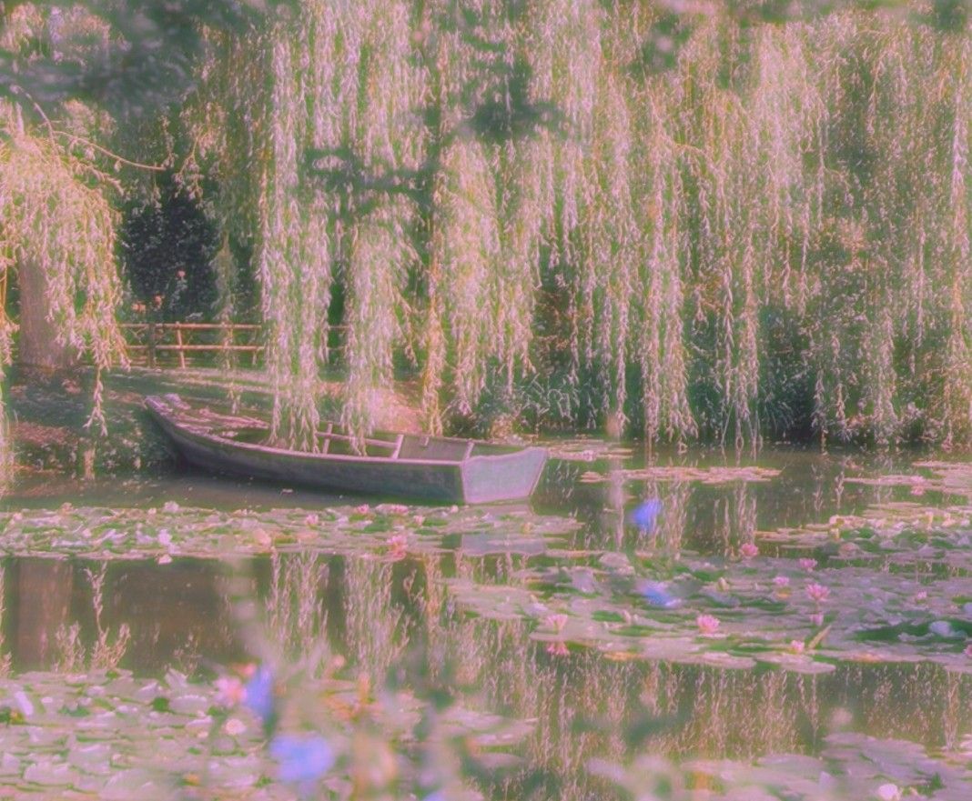 Ruderboot, Trauerweiden, Teich, Seerosen, Pastellfarben, Hintergrund