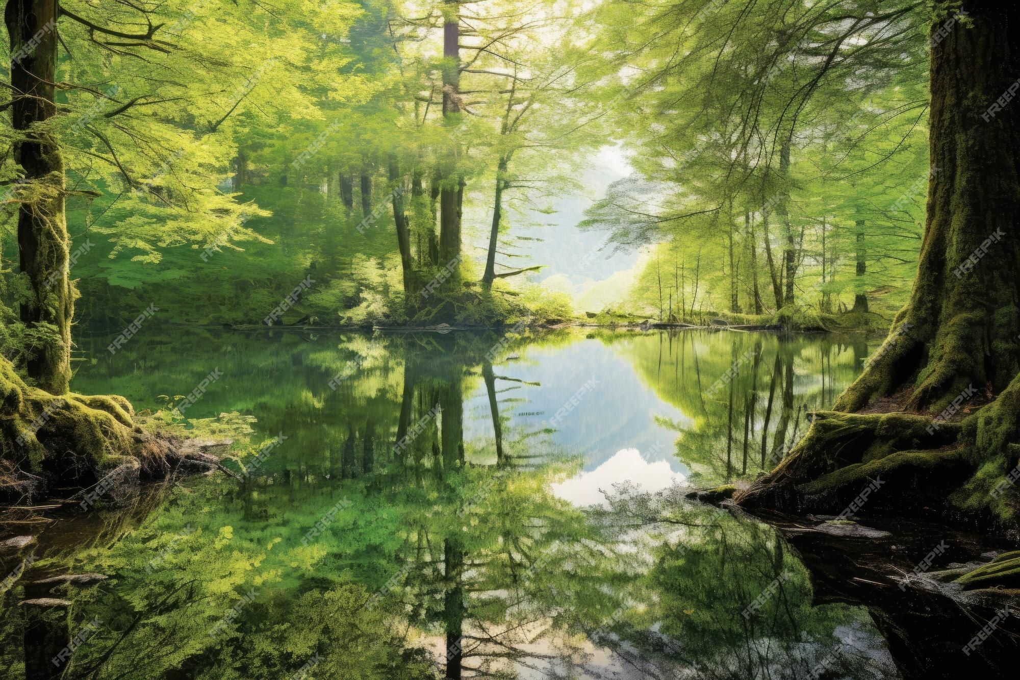 Waldsee, Grüner Wald, Bemooste Bäume, Frühling, Spiegelung, Full HD, Windows-Hintergrundbild