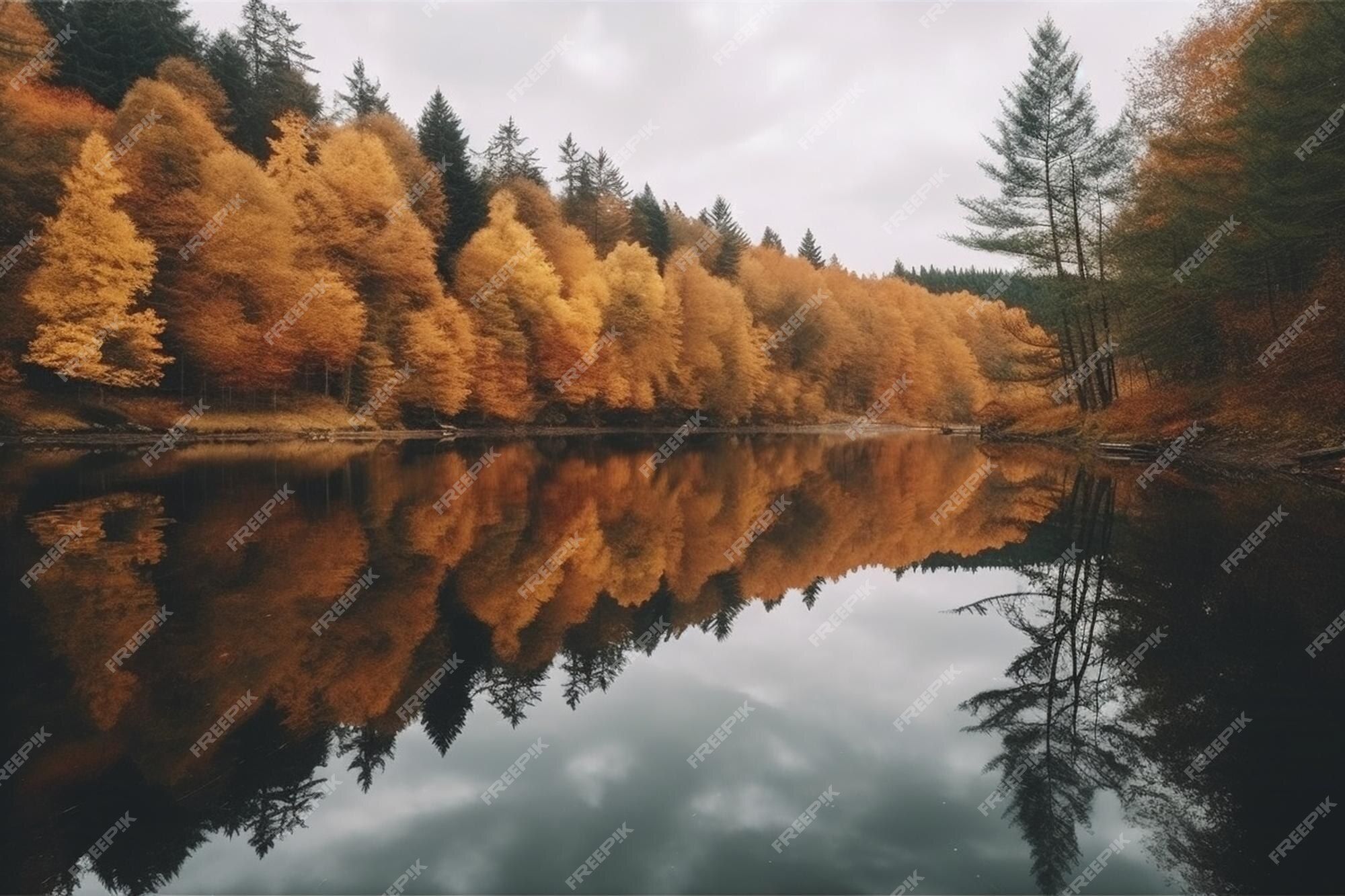 Herbstwald, See, Spiegelung, Goldene Bäume, Bewölkt, Full HD, Desktop-Hintergrund für Windows