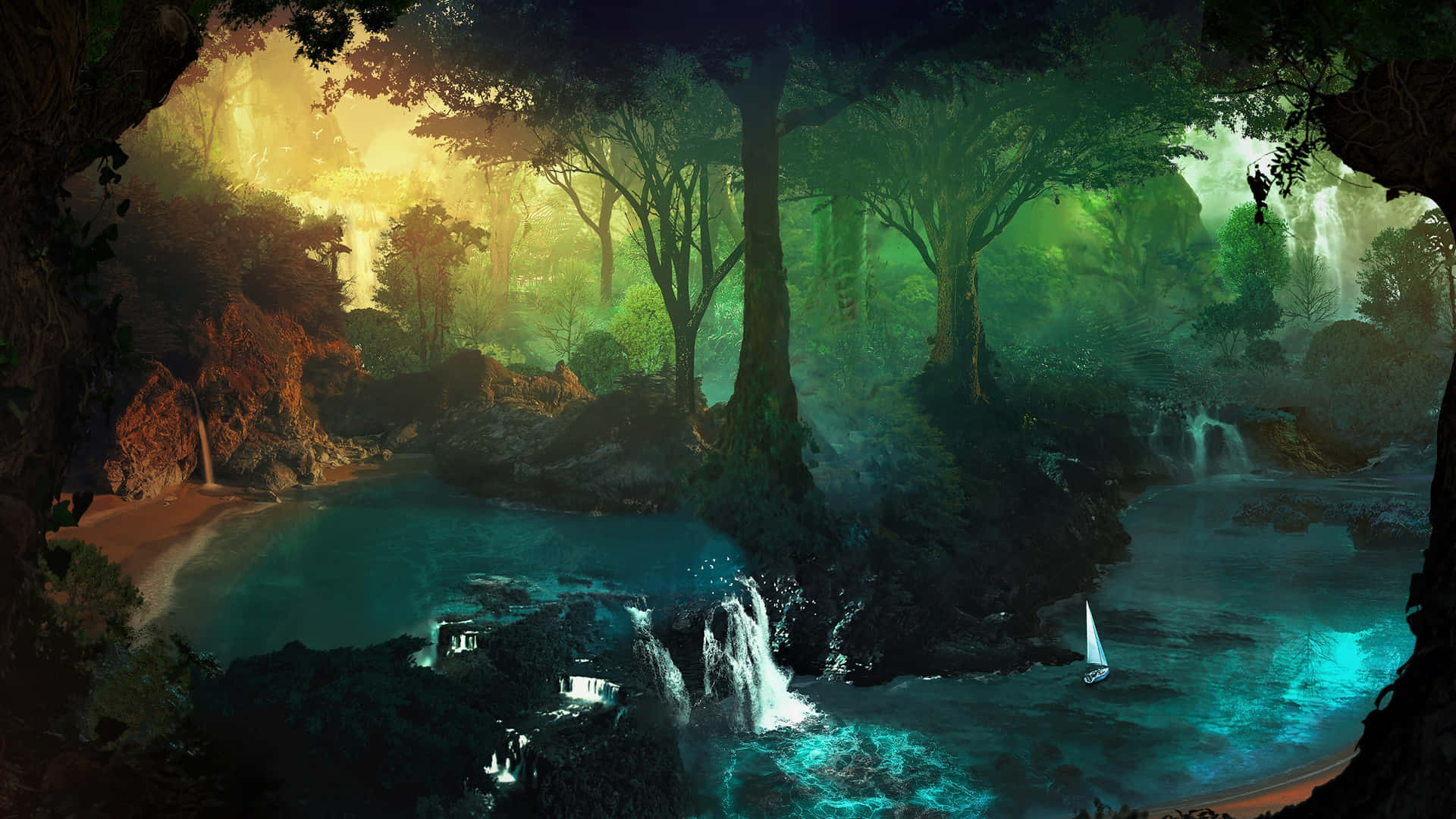 Märchenwald, Wasserfall, Türkises Wasser, Digitale Malerei, Fantasy, Full HD, PC-Hintergrundbild