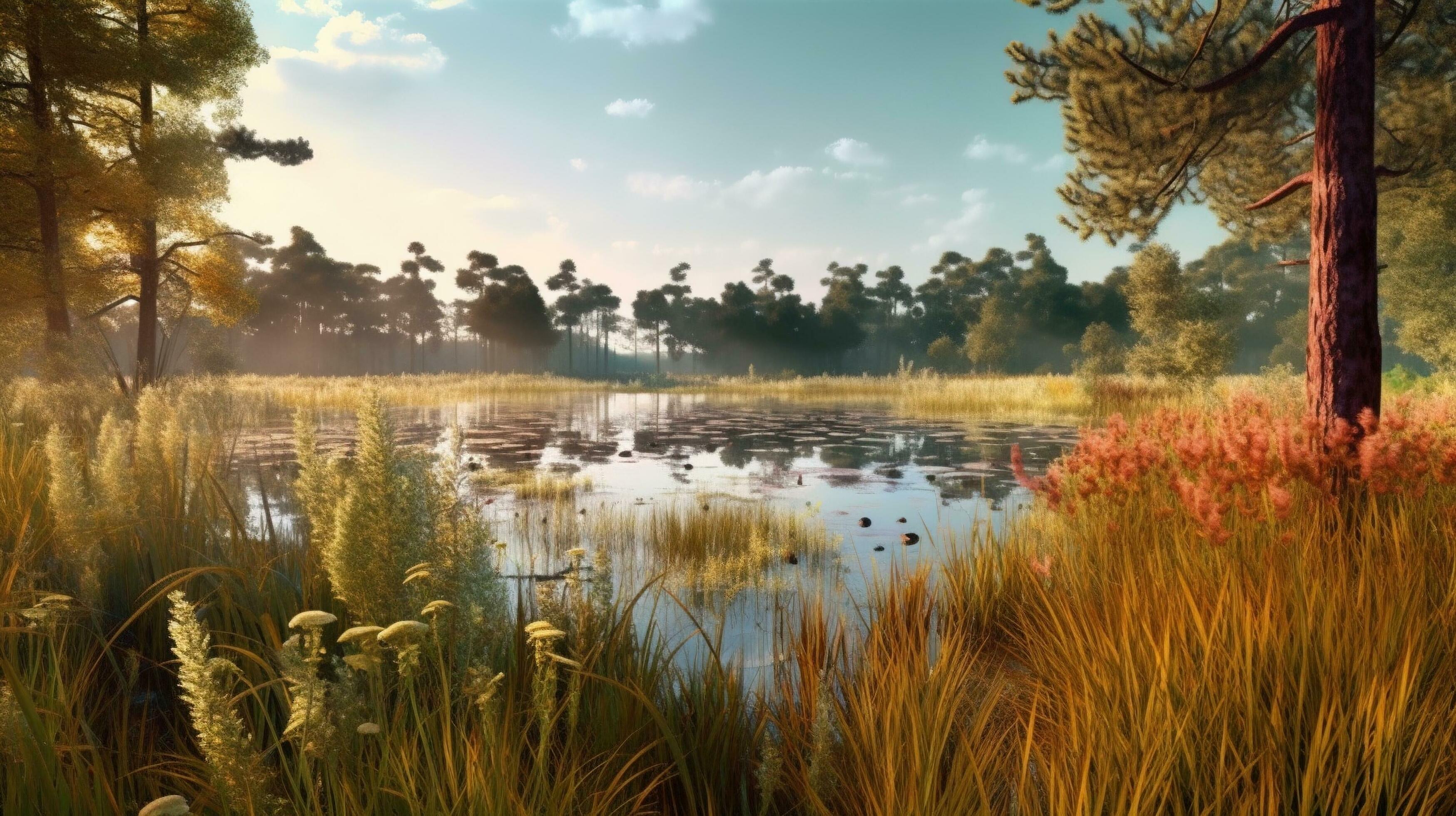 Moorsee, Kiefer, Schilf, Sonnenaufgang, Wiese, 2K, Hintergrundbild für den PC