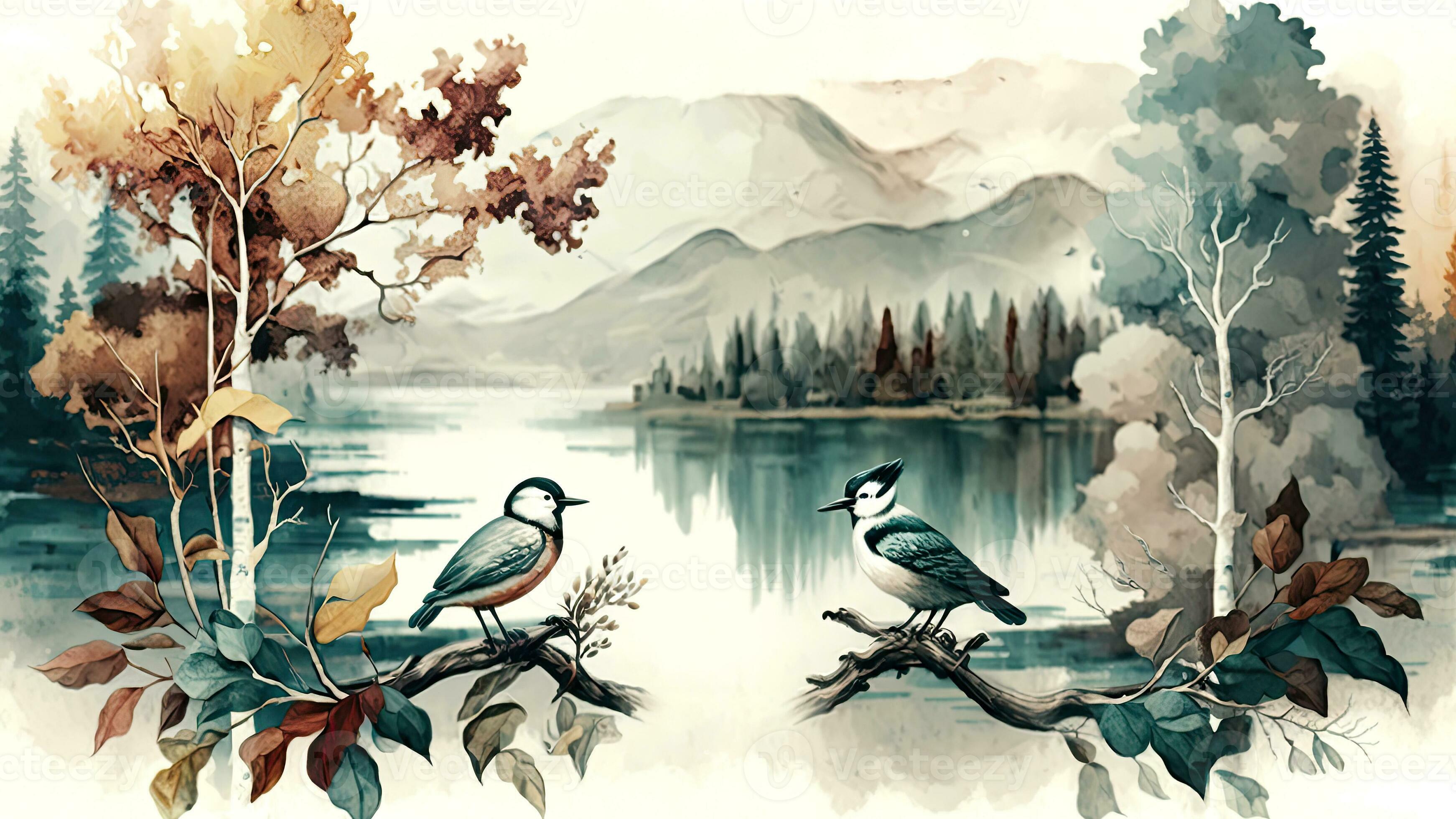 Vögel, Aquarell, See, Herbstlaub, Berge, Illustration, 16:9, 2K-Hintergrundbild für den Desktop