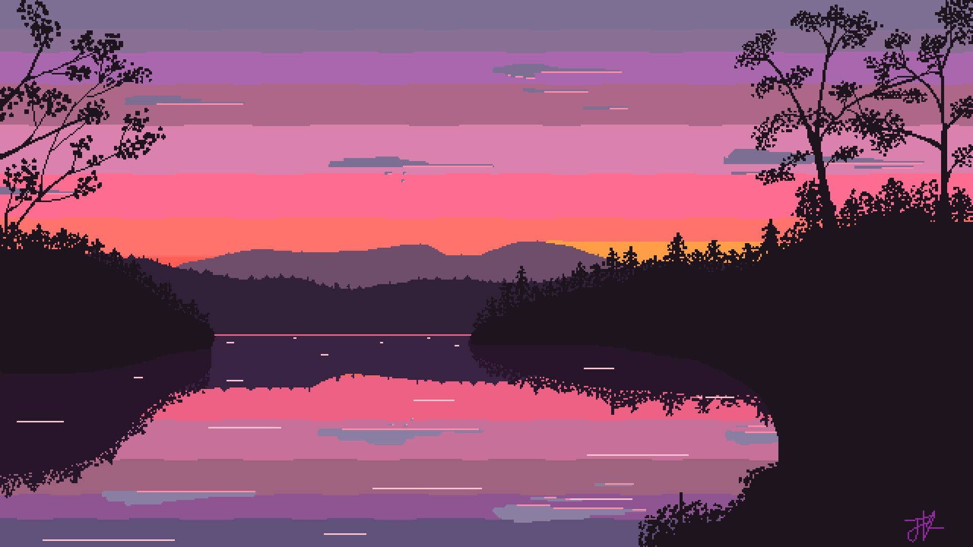 Pixel-Art, Sonnenuntergang, Waldsee, Rosa Himmel, Silhouetten, Full HD, Desktop-Hintergrund