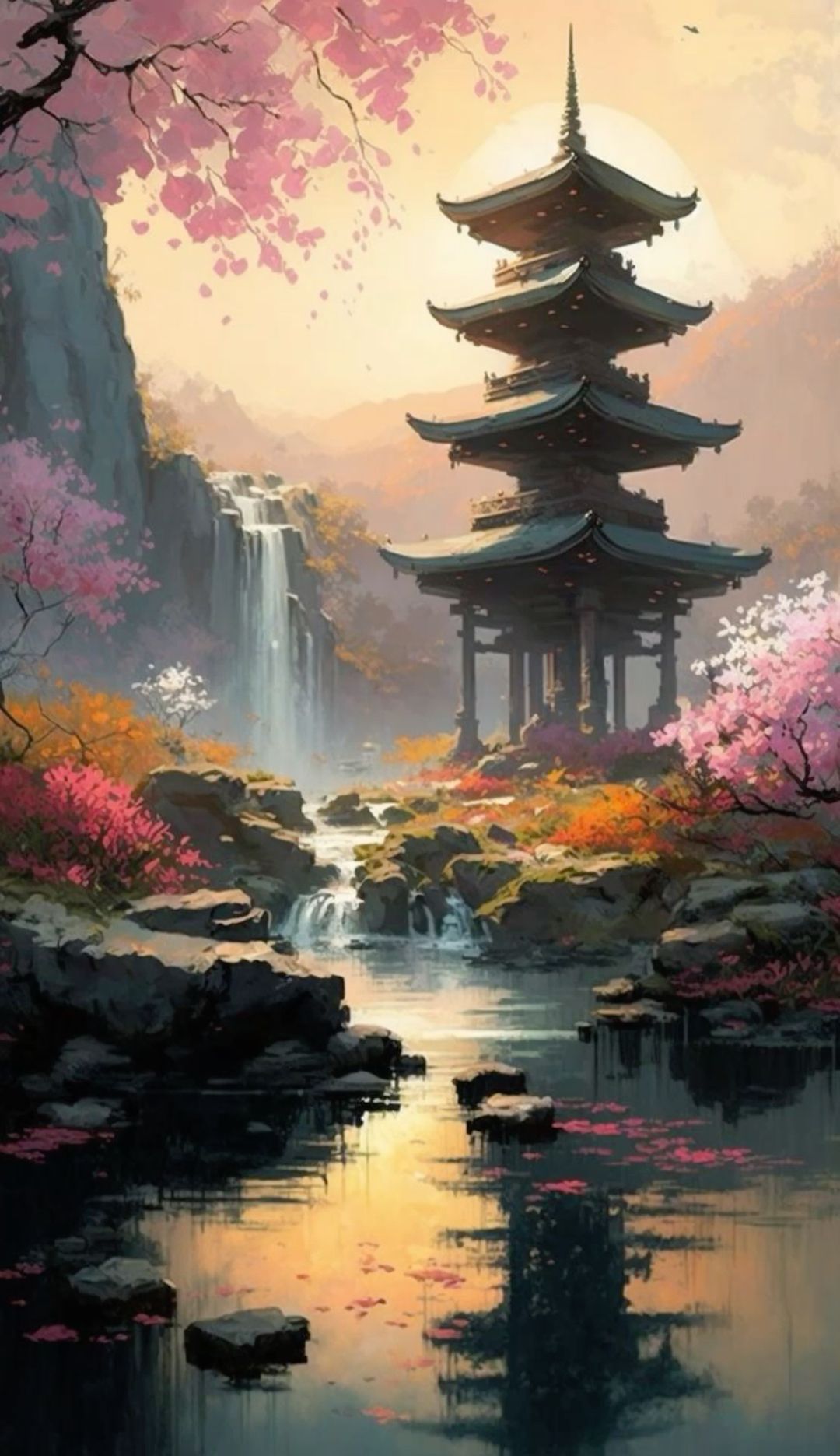Pagode, Wasserfall, Kirschblüten, Japanische Landschaft, Digitale Kunst, Full HD, Handy-Hintergrund