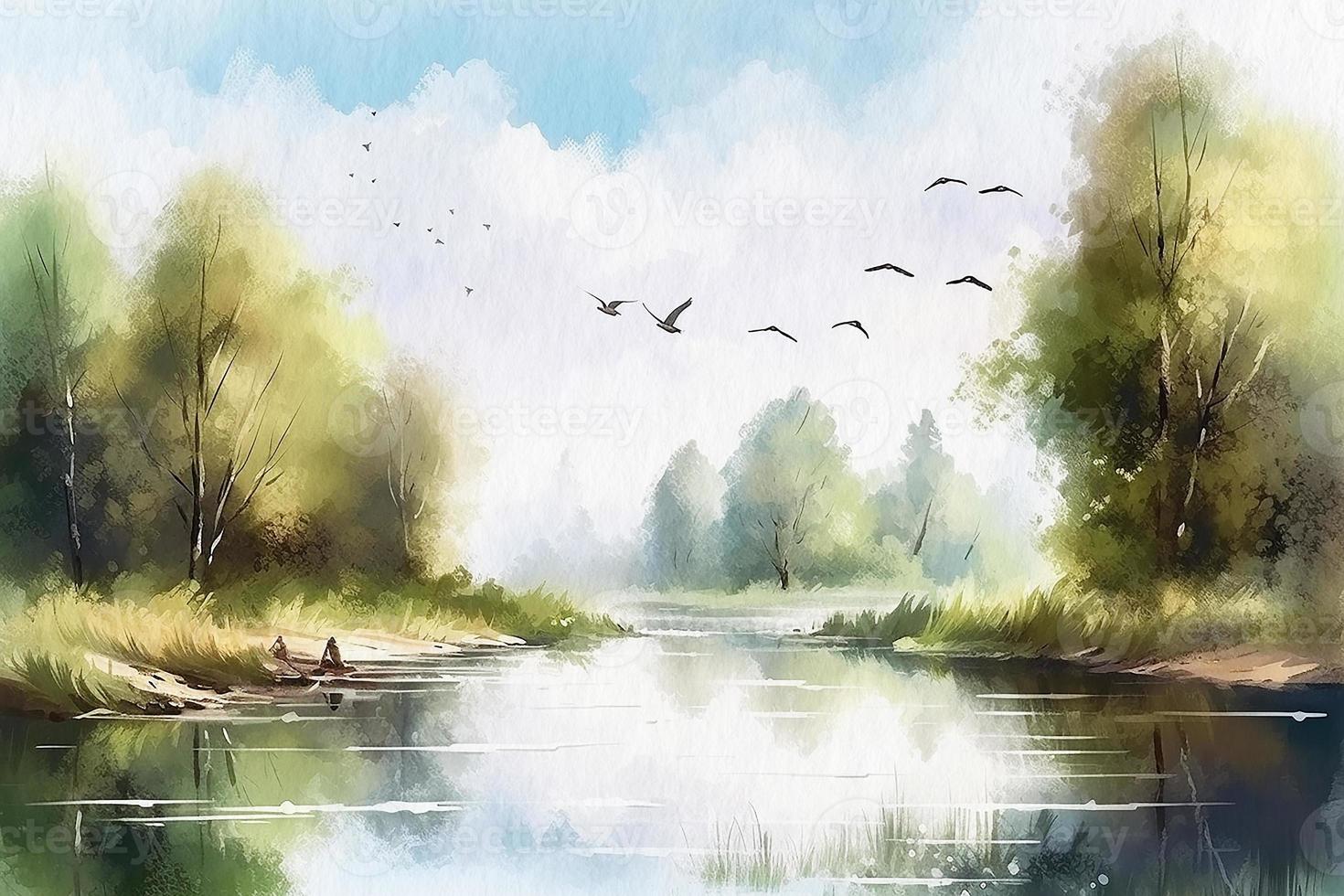 Aquarell, See, Bäume, Vogelschwarm, Frühling, HD, Hintergrundbild für den PC