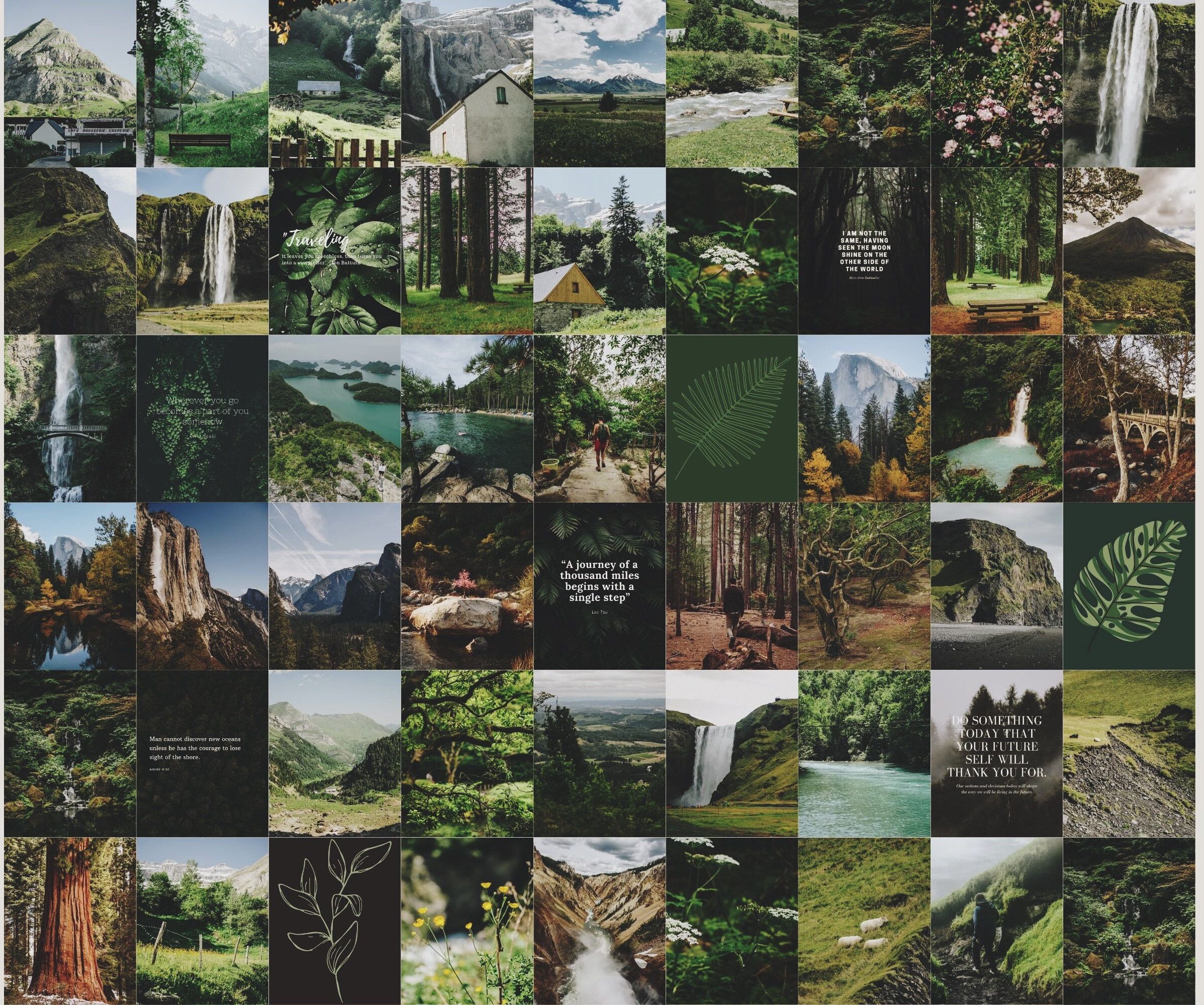 Collage, Wald, Natur, Wasserfall, Grüntöne, Full HD, Desktop-Hintergrund für Windows