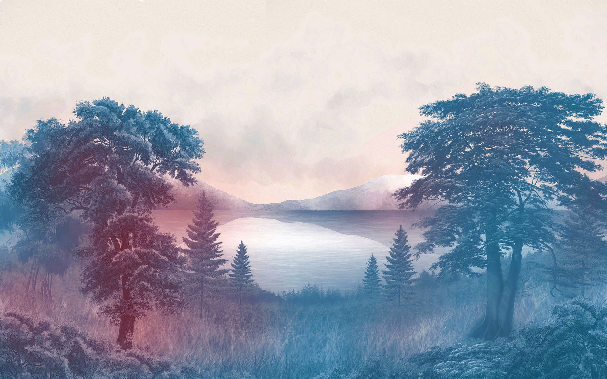 Bergsee, Kiefern, Gemälde, Nebel, Pastellfarben, 16:10, Full-HD-Hintergrundbild für den Desktop