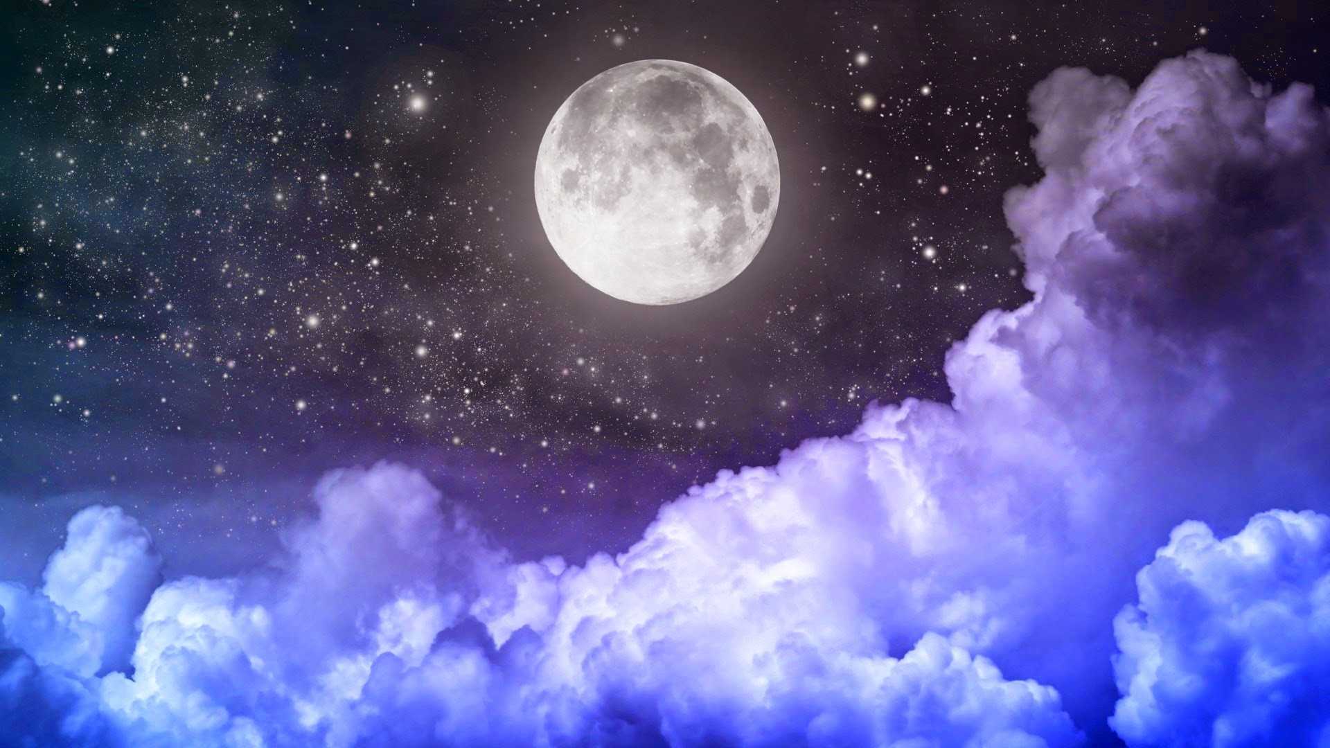 Vollmond, Wolken, Sternenhimmel, Nacht, Blau-Violett, Full HD 1080p, Desktop-Hintergrundbild
