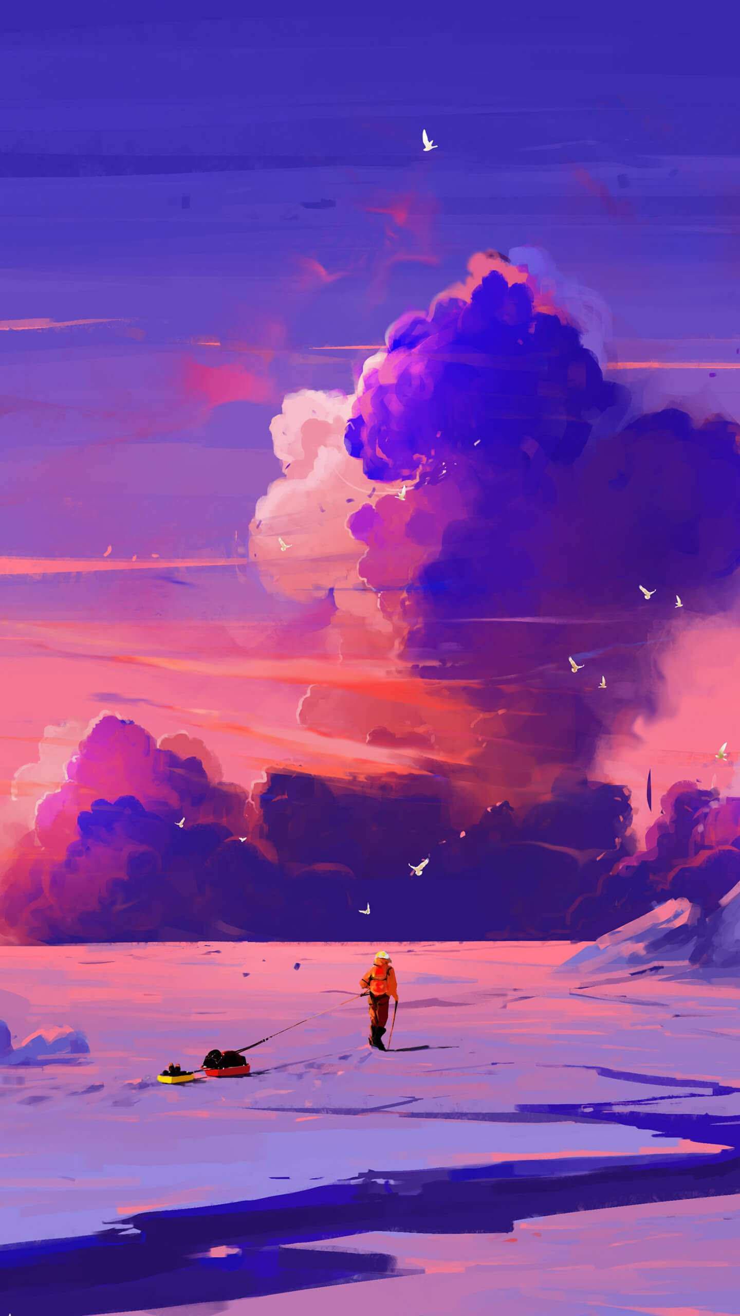 Digitale Malerei, Wolken, Lila Himmel, Wanderer, Schneelandschaft, Abenddämmerung, Handy-Hintergrundbild