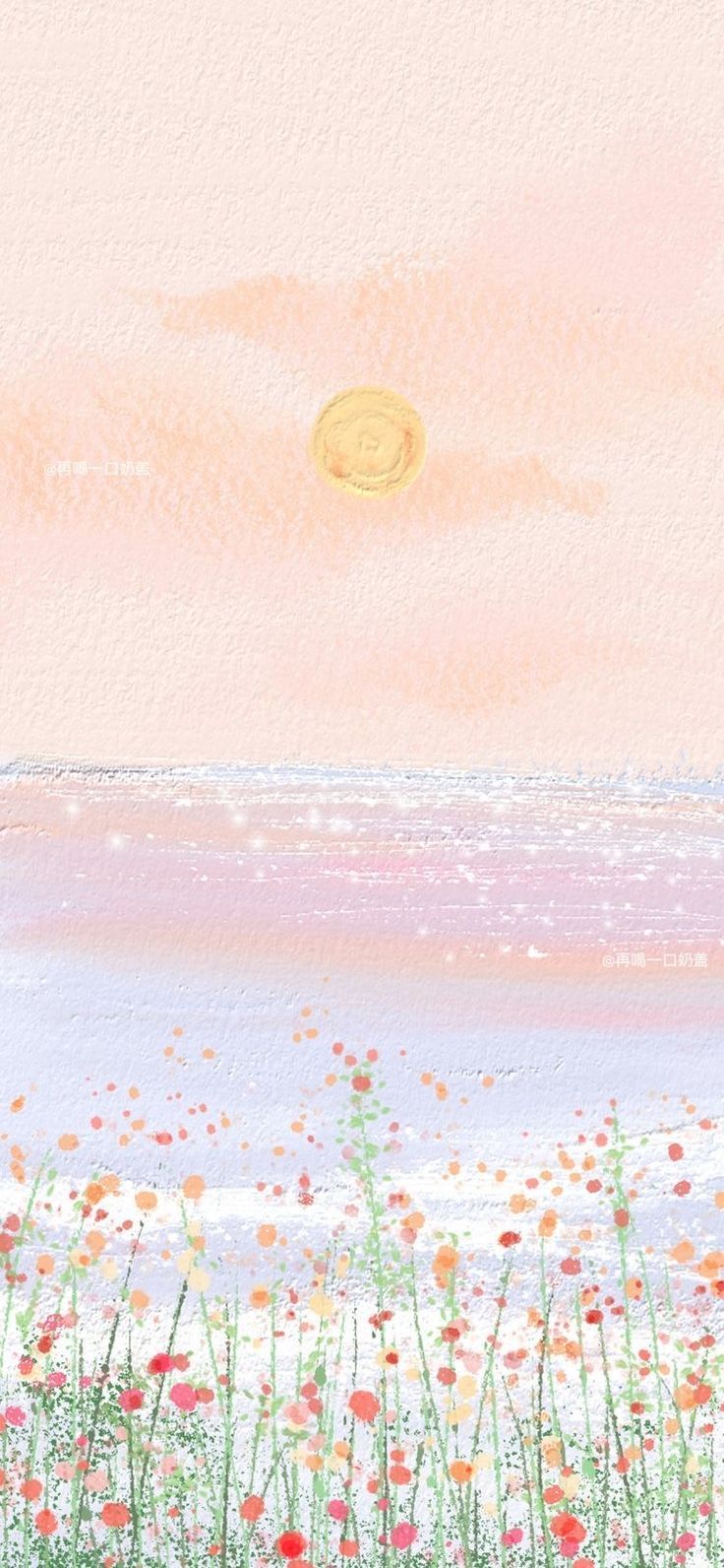 Pastellmalerei, Sonne, Blumenwiese, Meer, Rosa Himmel, HD, Hintergrundbild fürs Handy