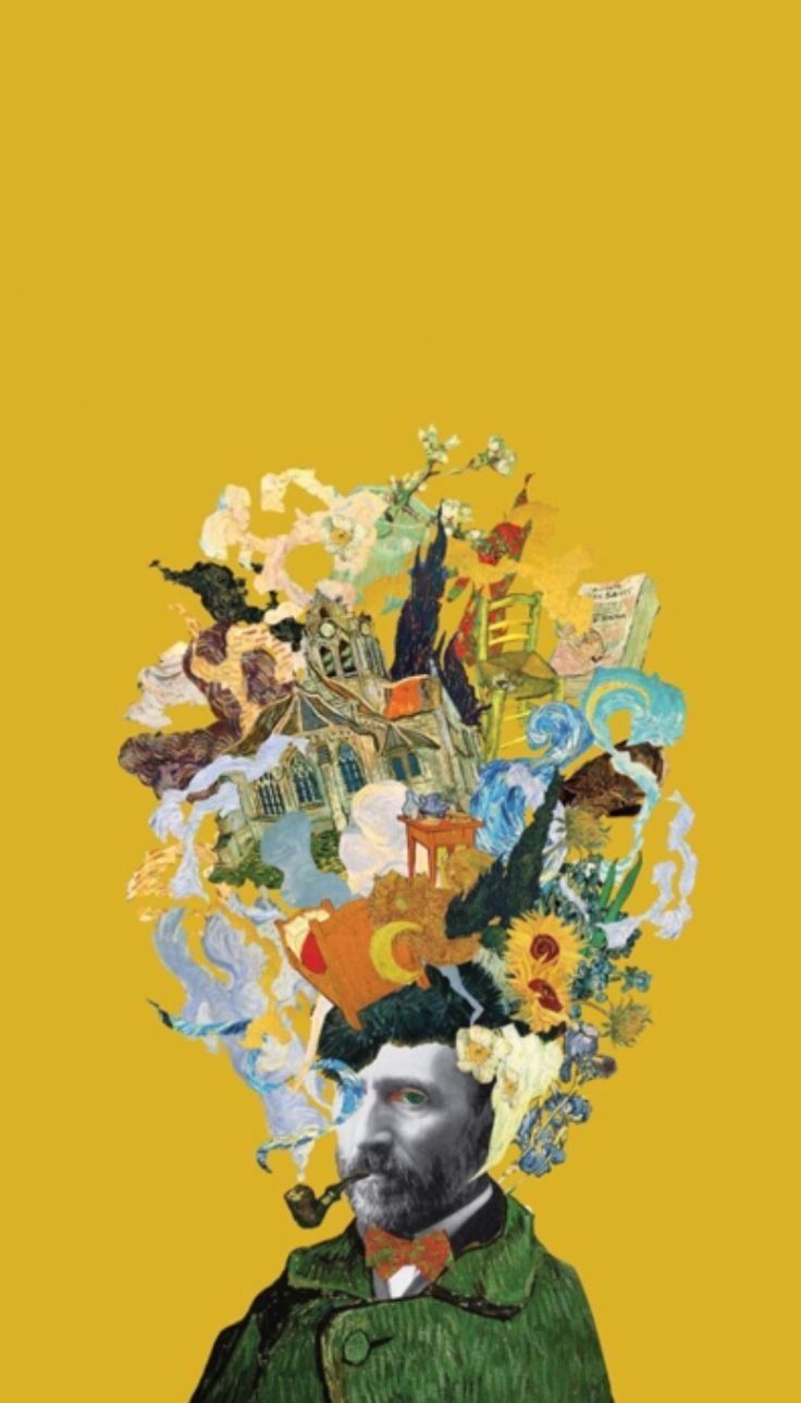 Vincent van Gogh, Selbstporträt, Blumenkopf, Collage, Gelber Hintergrund, Sperrbildschirm fürs iPhone