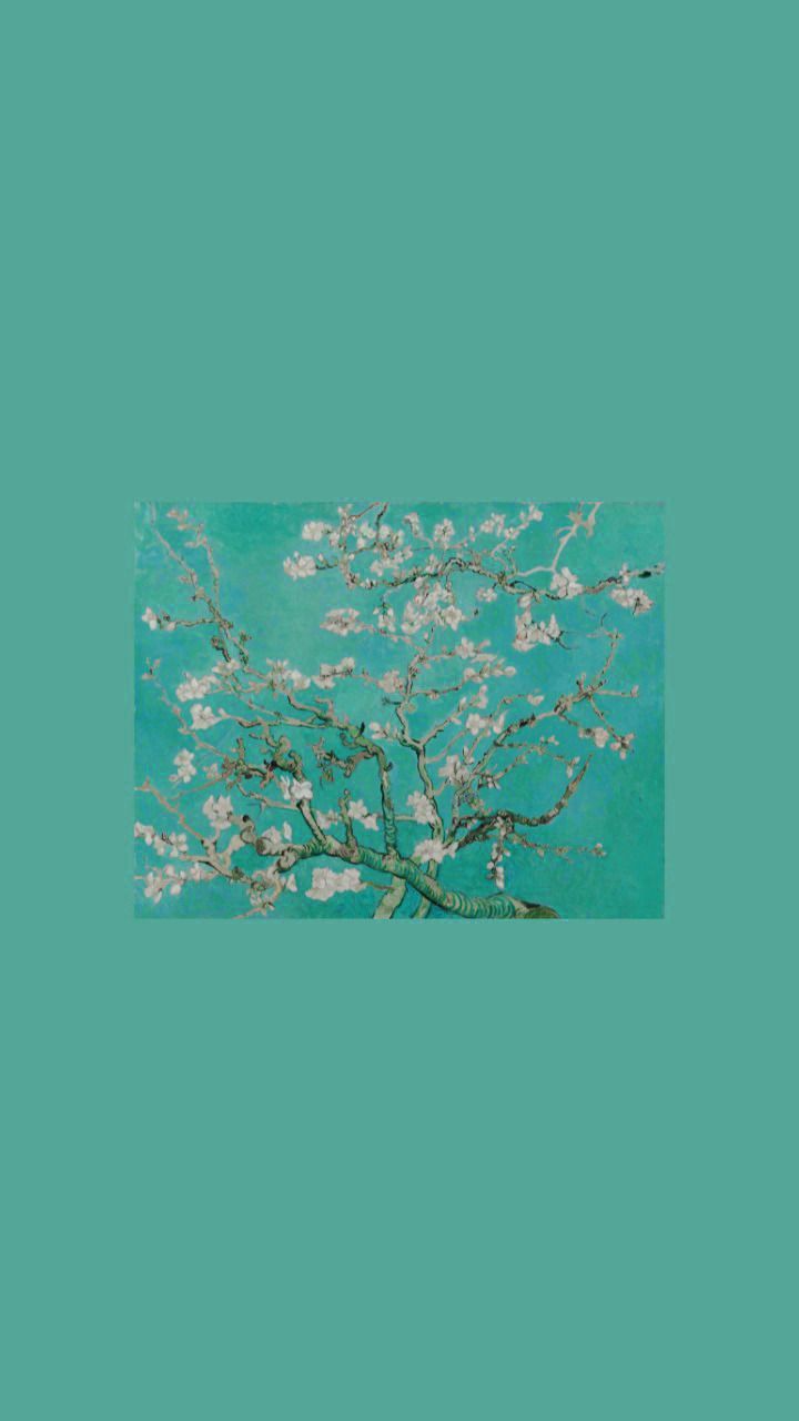 Mandelblüte, Vincent van Gogh, Gemälde im Rahmen, Türkiser Hintergrund, Minimalistisch, Sperrbildschirm