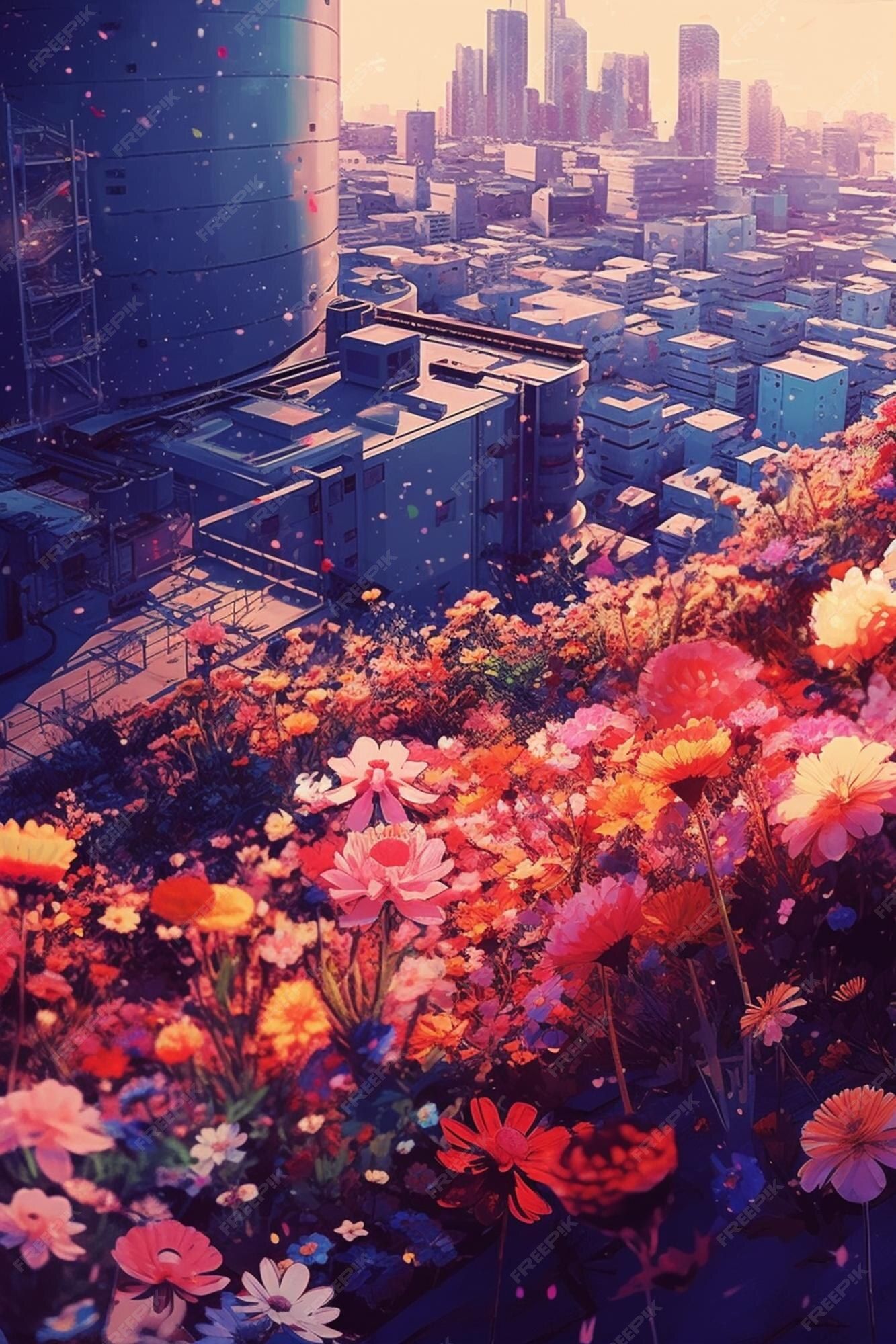 Blumenfeld, Stadt, Hochhäuser, Digitale Malerei, Sonnenuntergang, Full HD, Handy-Hintergrund