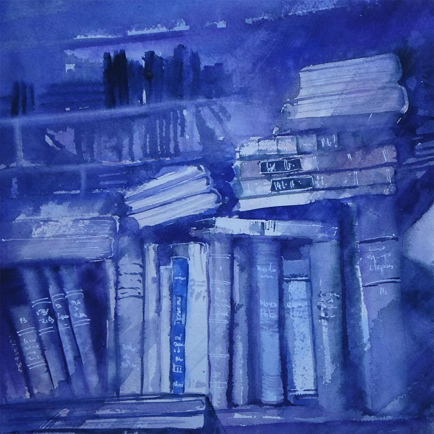 Bücherregal, Bücher, Blaue Malerei, Ölgemälde, Pinselstriche, HD, Tablet-Hintergrund