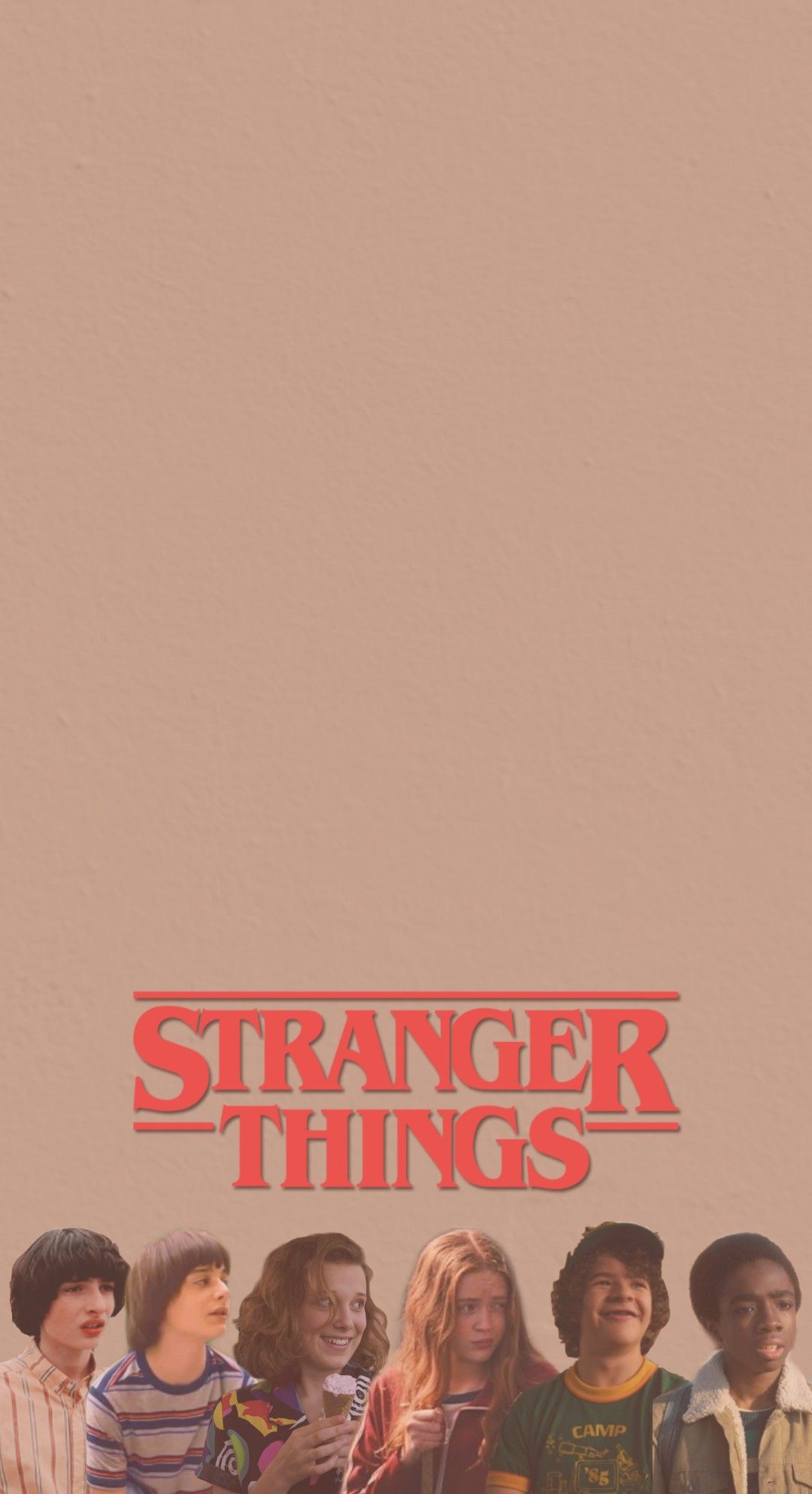 Stranger Things, Logo, Hauptfiguren, Pastellfarben, Altrosa, Full HD, Handy-Hintergrund