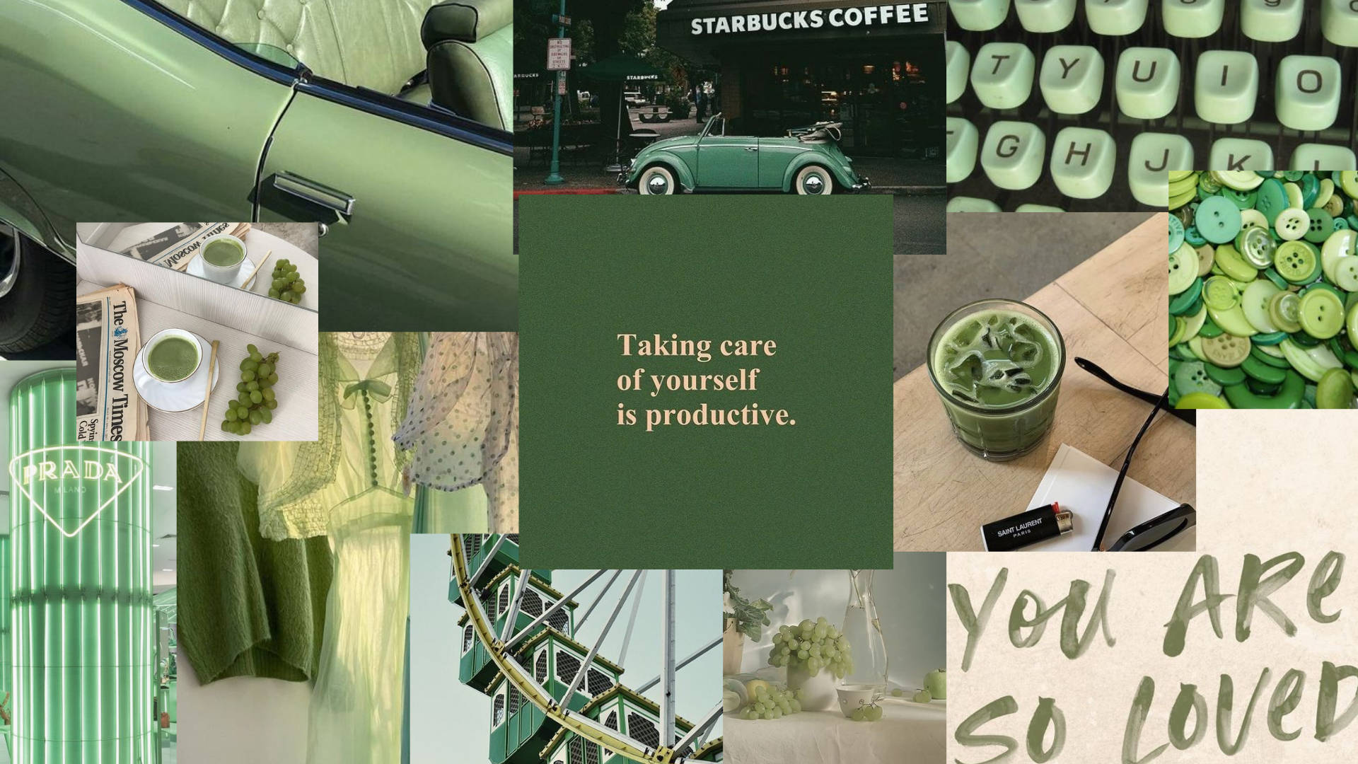 Starbucks, Collage, Grün, Aesthetic, Moodboard, Matcha, 1920x1080, Full-HD-Hintergrundbild für PC