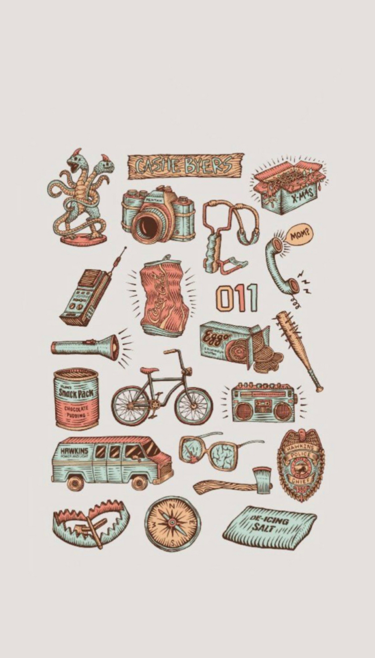 Stranger Things, Doodles, Eggo-Waffeln, Fahrrad, Walkie-Talkie, Android-Hintergrundbild
