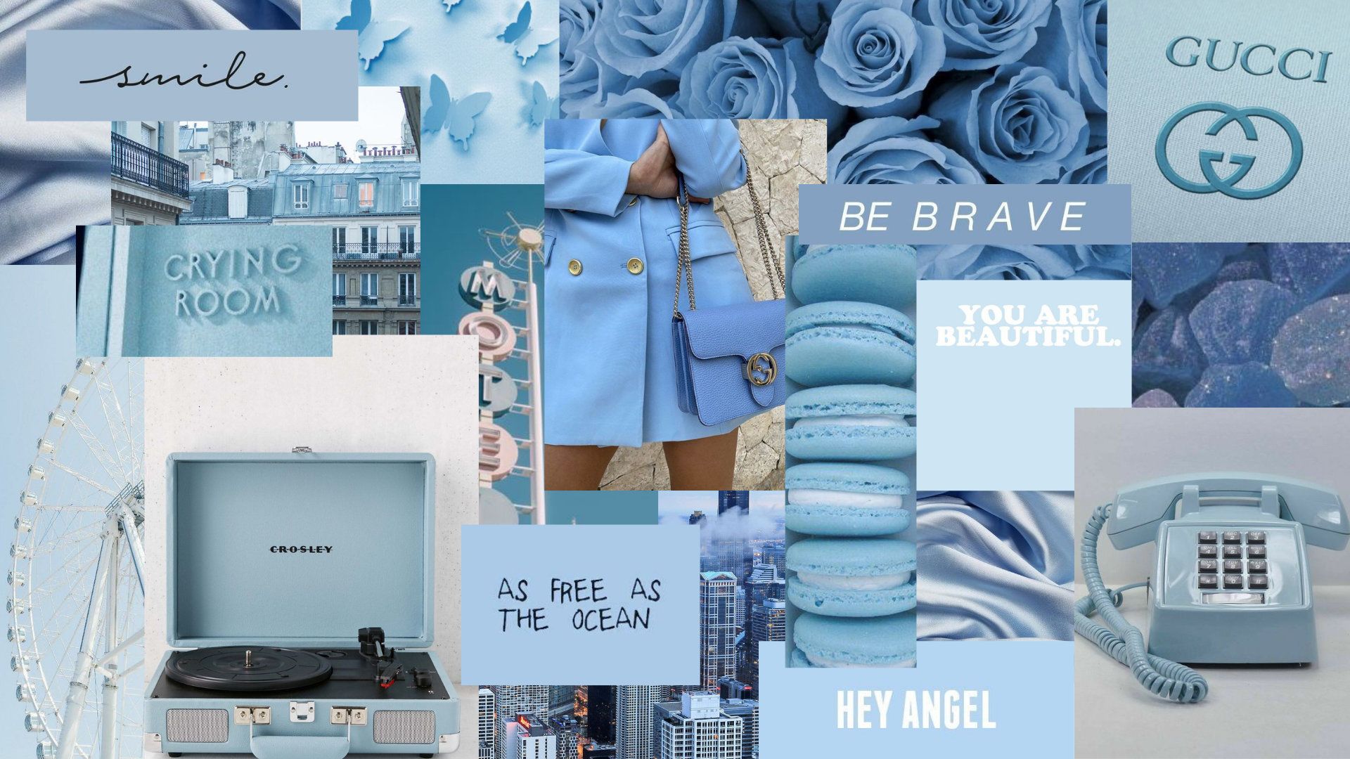 Gucci, Collage, Blau, Plattenspieler, Aesthetic, Moodboard, Full HD, PC-Hintergrundbild