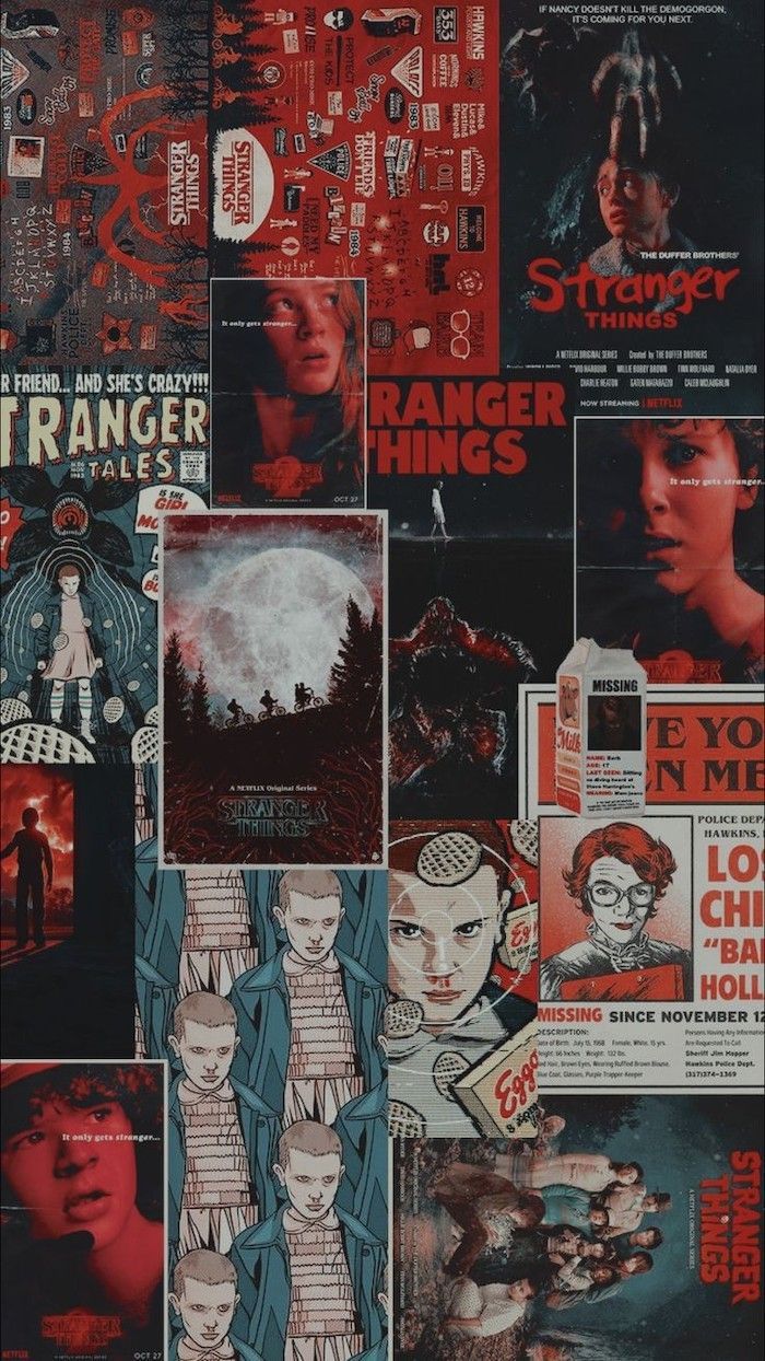Stranger Things, Collage, Rot, Dunkel, Poster, Hochformat, Hintergrundbild fürs Smartphone