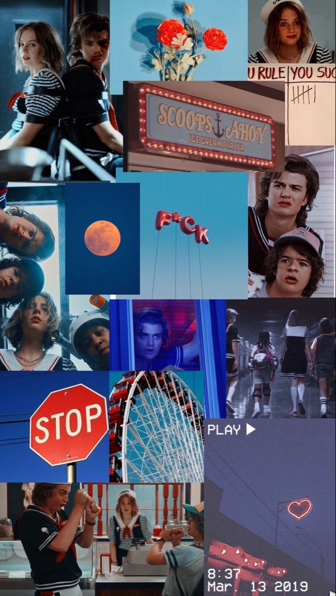 Stranger Things, Collage, Blau, Stoppschild, Ästhetik, Hochformat, Hintergrundbild fürs Smartphone