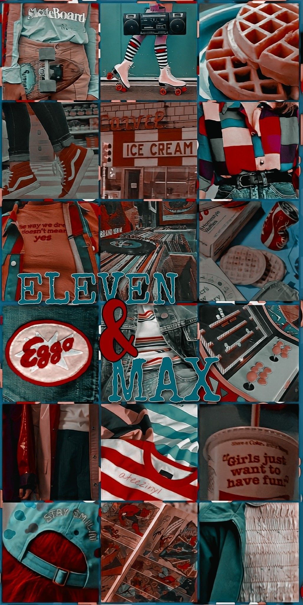 Stranger Things, Eggo-Waffeln, Collage, Petrol, Rot, HD, Handy-Hintergrund im Hochformat