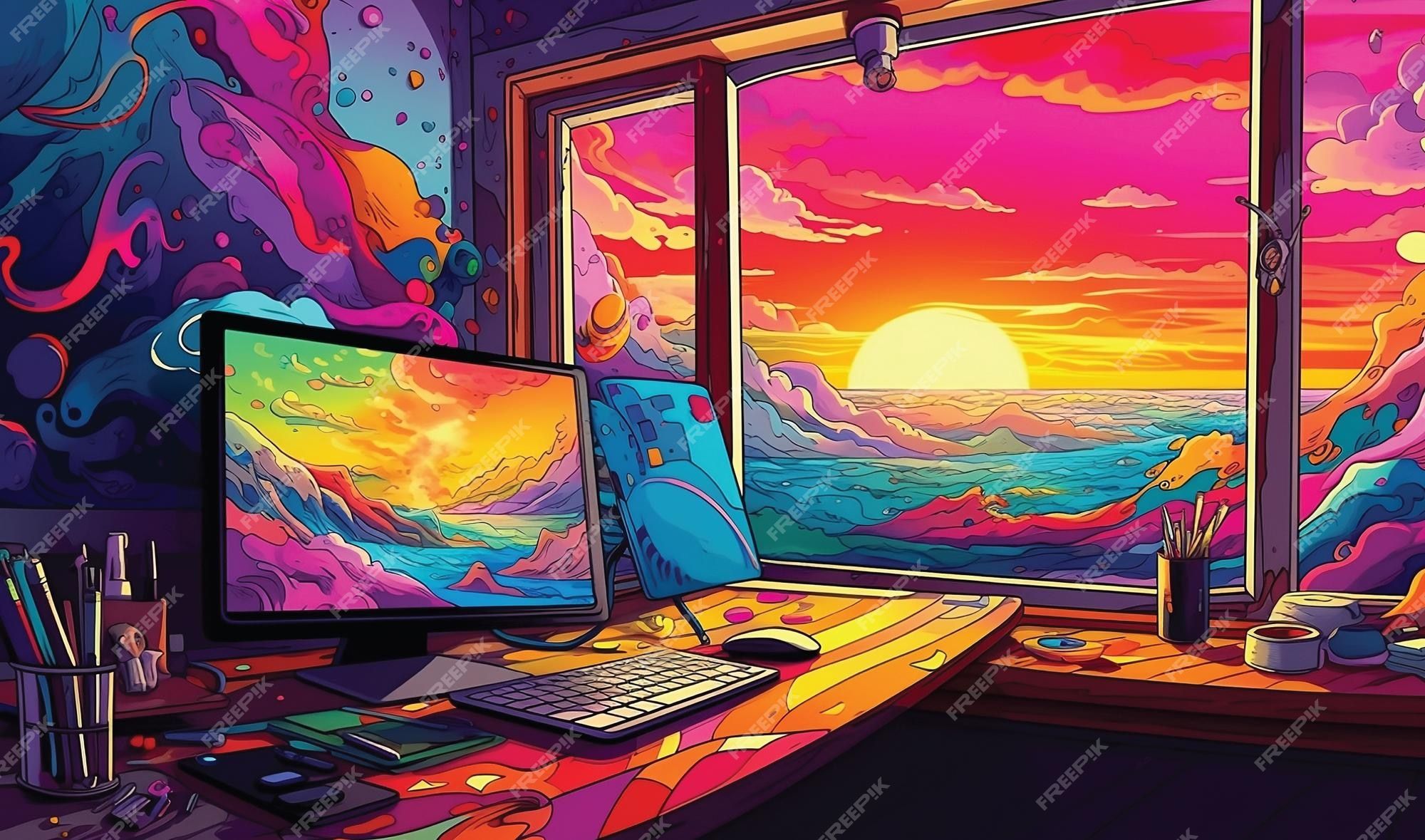 Schreibtisch, Monitor, Sonnenuntergang, Fenster, Bunte Illustration, Psychedelisch, Full-HD-Hintergrundbild