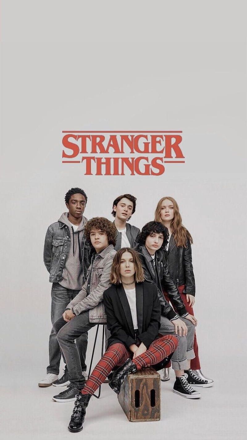 Stranger Things, Besetzung, Logo, Gruppenfoto, Grauer Hintergrund, Sperrbildschirm fürs iPhone