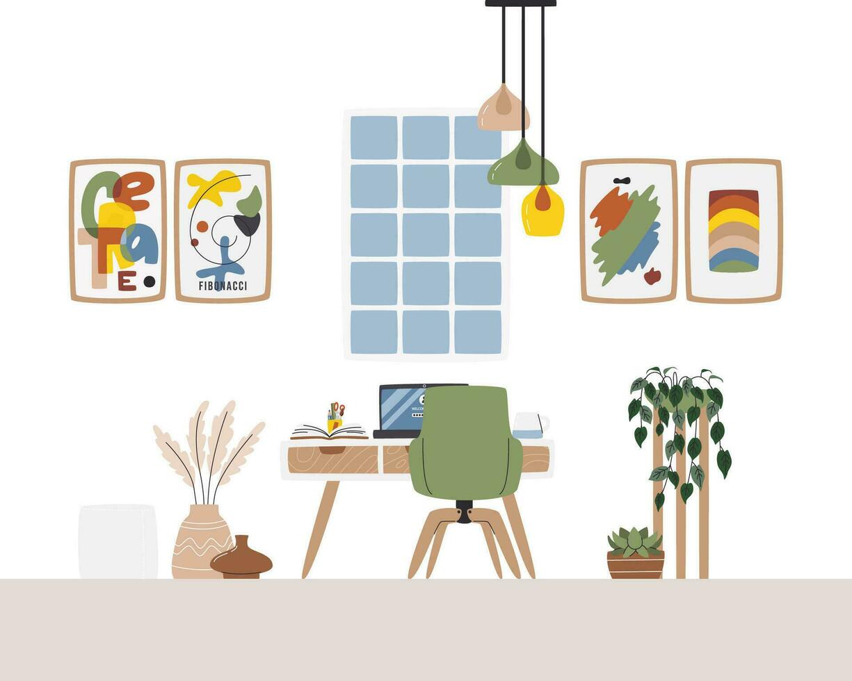 Homeoffice, Schreibtisch, Bilderrahmen, Zimmerpflanzen, Flache Illustration, Hintergrund