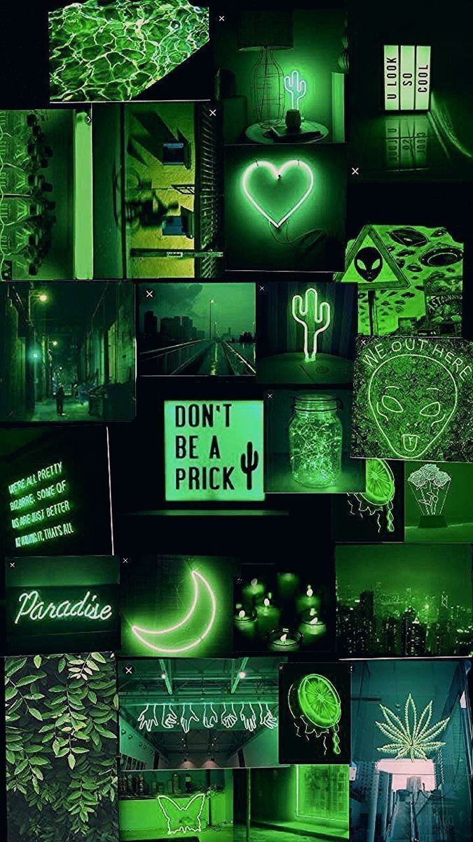 Neon-Grün, Collage, Aesthetic, Herz, Dunkel, Hochformat, Hintergrundbild fürs Smartphone