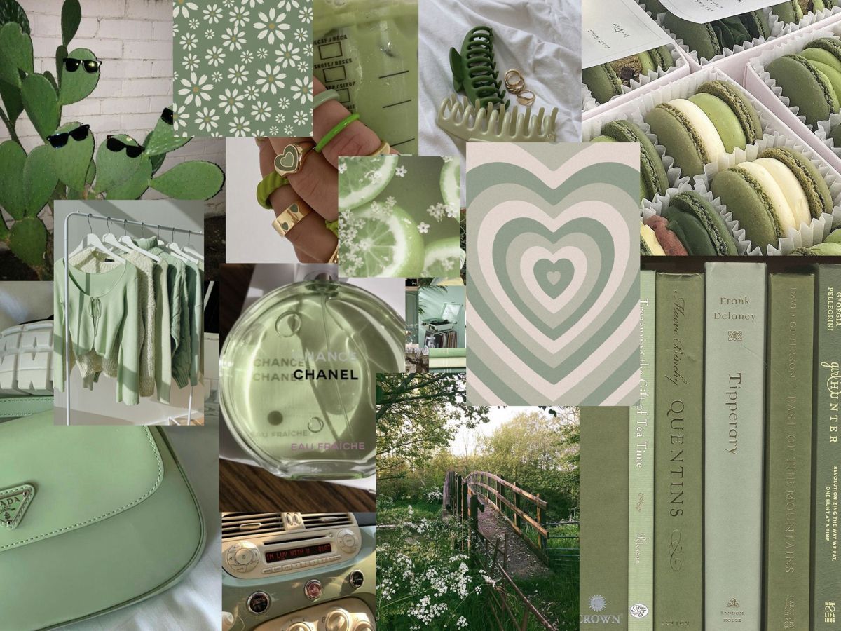 Collage, Chanel, Herz, Macarons, Salbeigrün, Hintergrundbild für iPad und Tablet