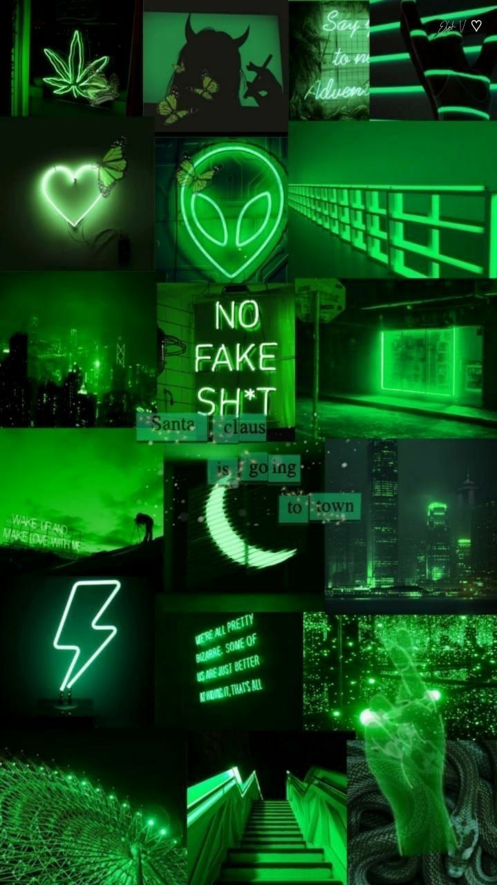 Neon-Grün, Collage, Alien, Blitz, No Fake Shit, Hintergrundbild für iPhone und Android