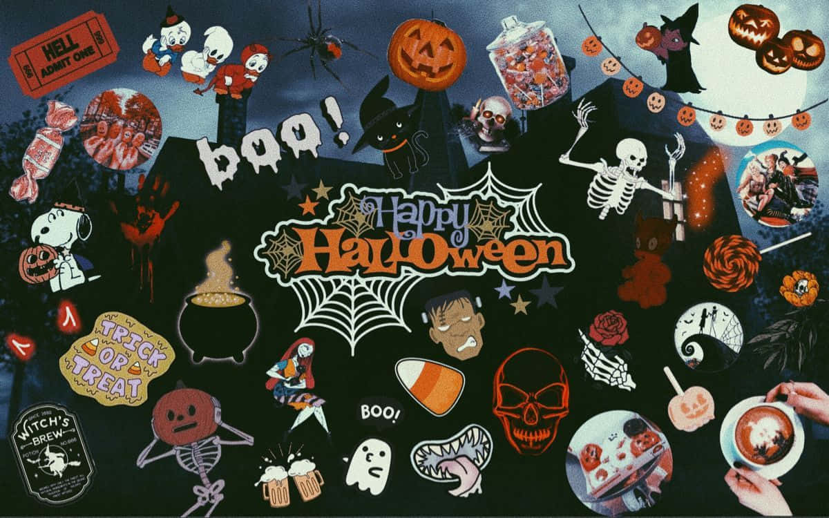 Happy Halloween, Snoopy, Sticker, Skelett, Hexenkessel, Spinnennetz, Hintergrundbild