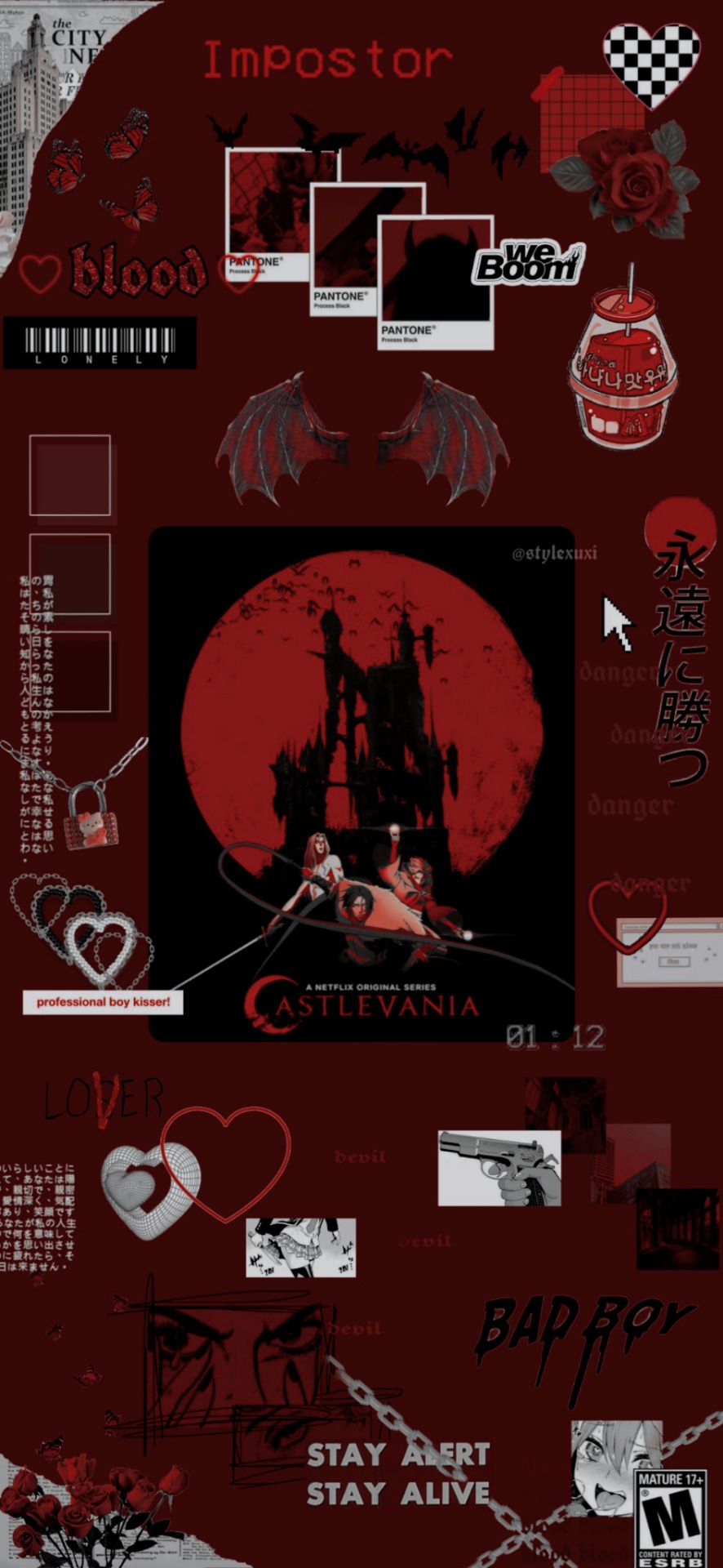Castlevania, Collage, Ästhetik, Rot-Schwarz, Hochformat, Sperrbildschirm fürs iPhone