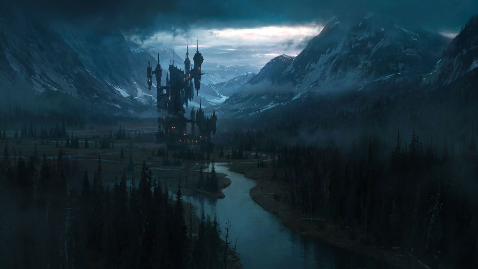 Draculas Schloss, Castlevania, Netflix, Fluss, Gebirge, Düster, HD, Breitbild-Hintergrundbild