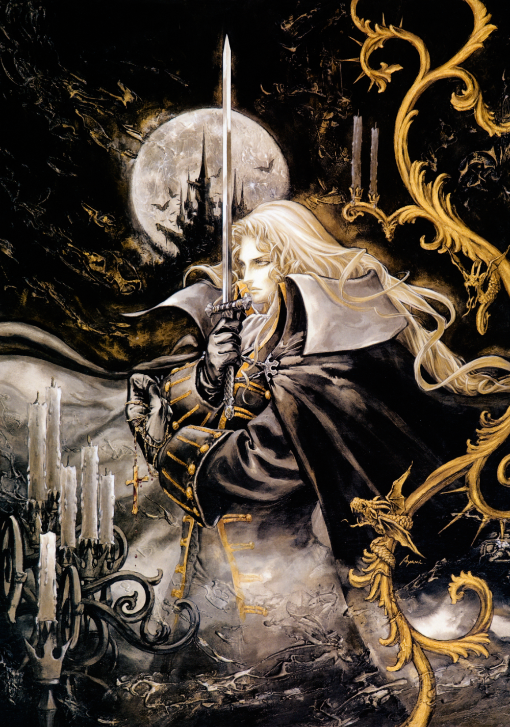 Alucard, Castlevania: Symphony of the Night, Ayami Kojima, Gold-Ornamente, Mond, HD-Tablet-Hintergrundbild