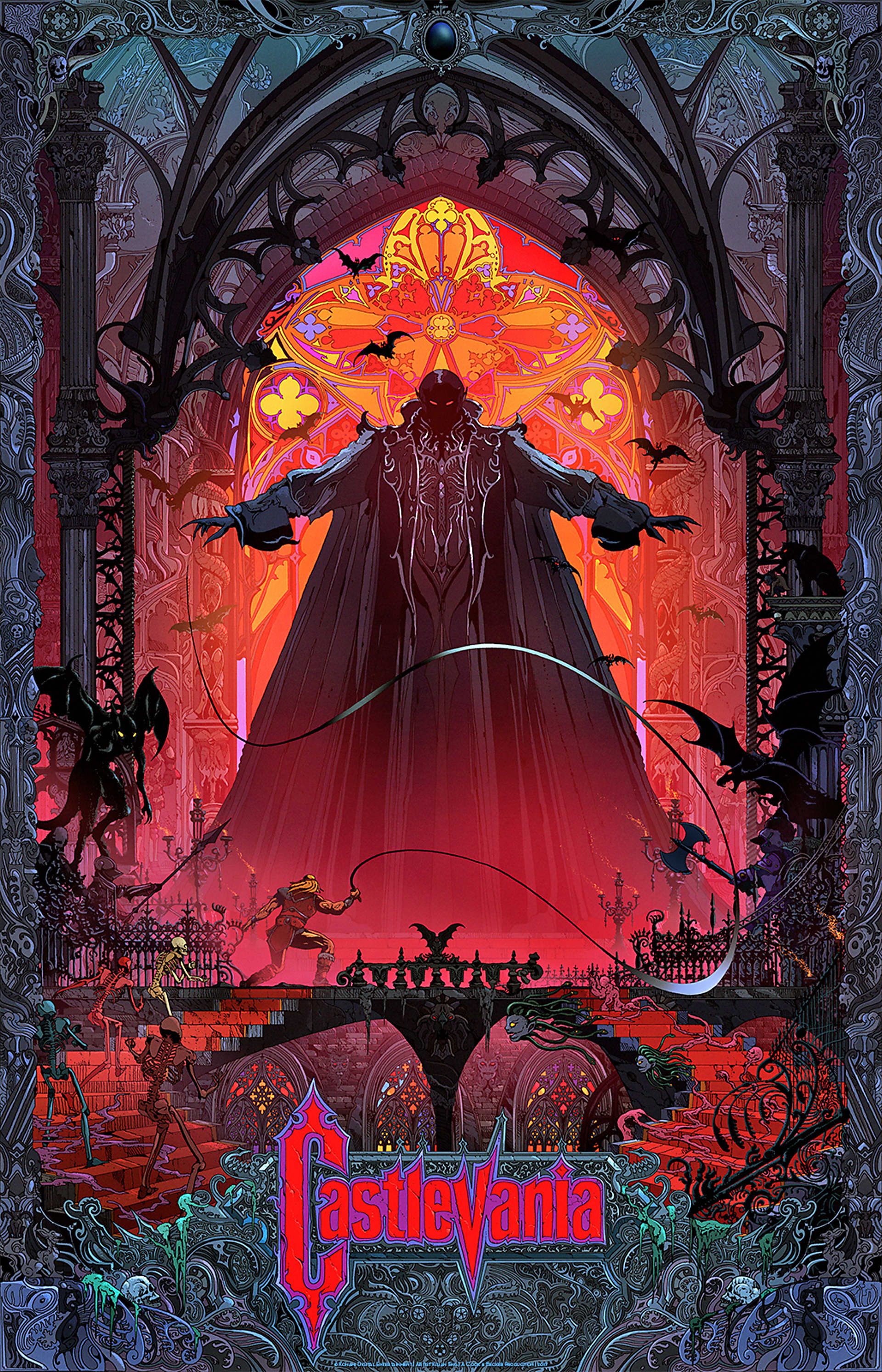 Castlevania, Dracula, Kathedrale, Plakat-Stil, Rot, Gotisch, QHD+, iPhone-Hintergrundbild